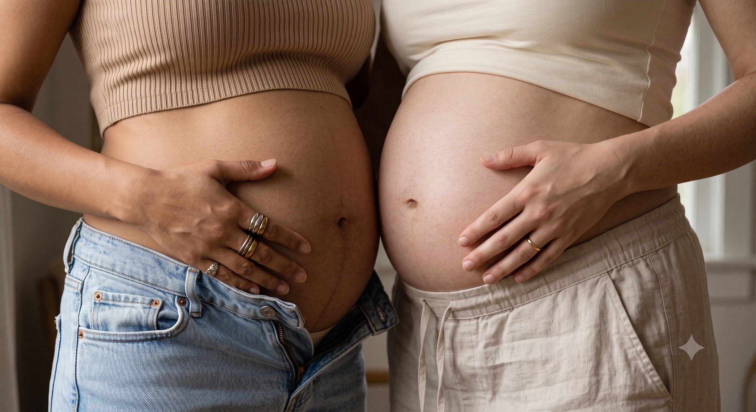 Two pregnant women standing close together, each with one hand on their belly, wearing casual clothing. One woman wears a fitted beige top and the other a ribbed pink crop top. Both women are wearing rings on their fingers.