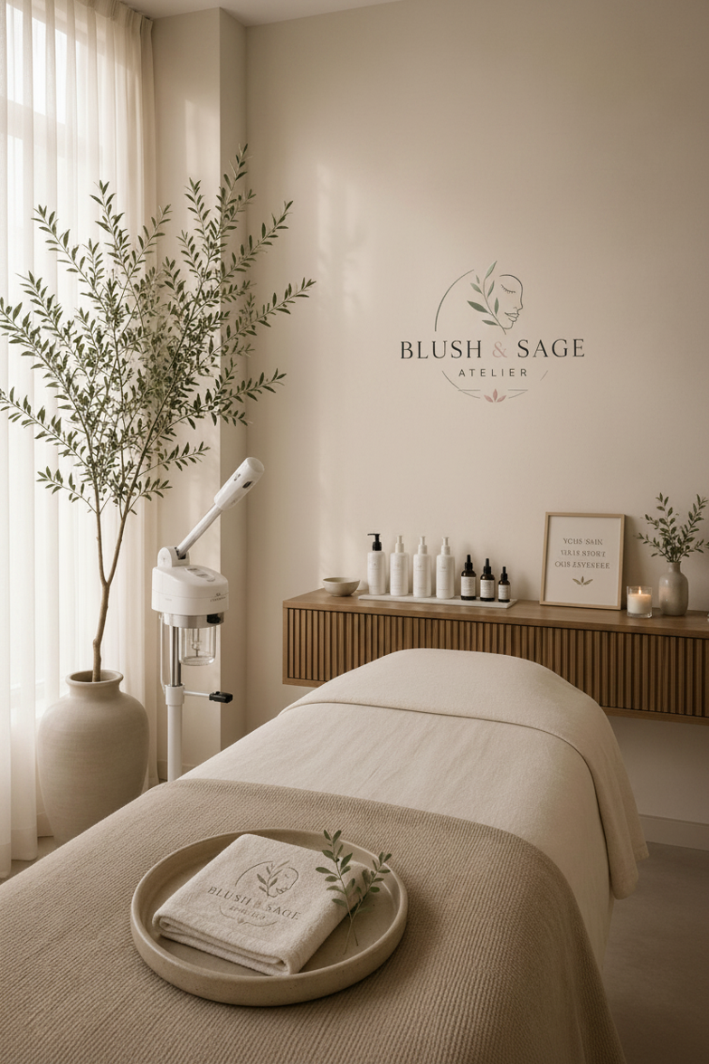 A calming treatment room featuring a massage table, skincare products, greenery, and Blush & Sage Atelier branding.