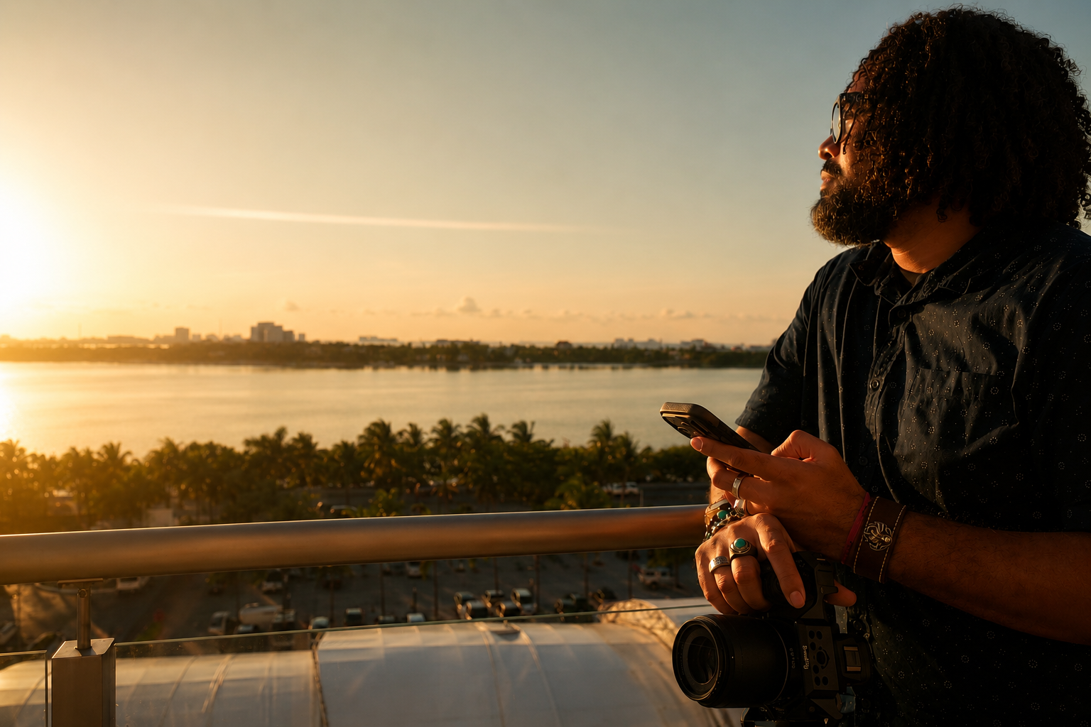 A Black man with curly hair, a beard, and glasses stands on a balcony in Cancún, Mexico, at sunset, holding a smartphone and camera while overlooking palm trees, buildings, and water glowing in the evening light.