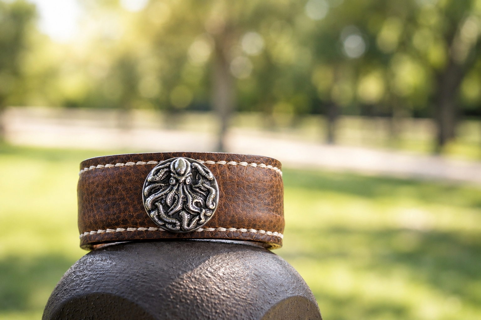 The brown Hilo leather cuff, featuring white stitching and a silver-tone octopus concho, is displayed on a dark rounded surface outdoors with sunlit grass and trees softly blurred behind it.