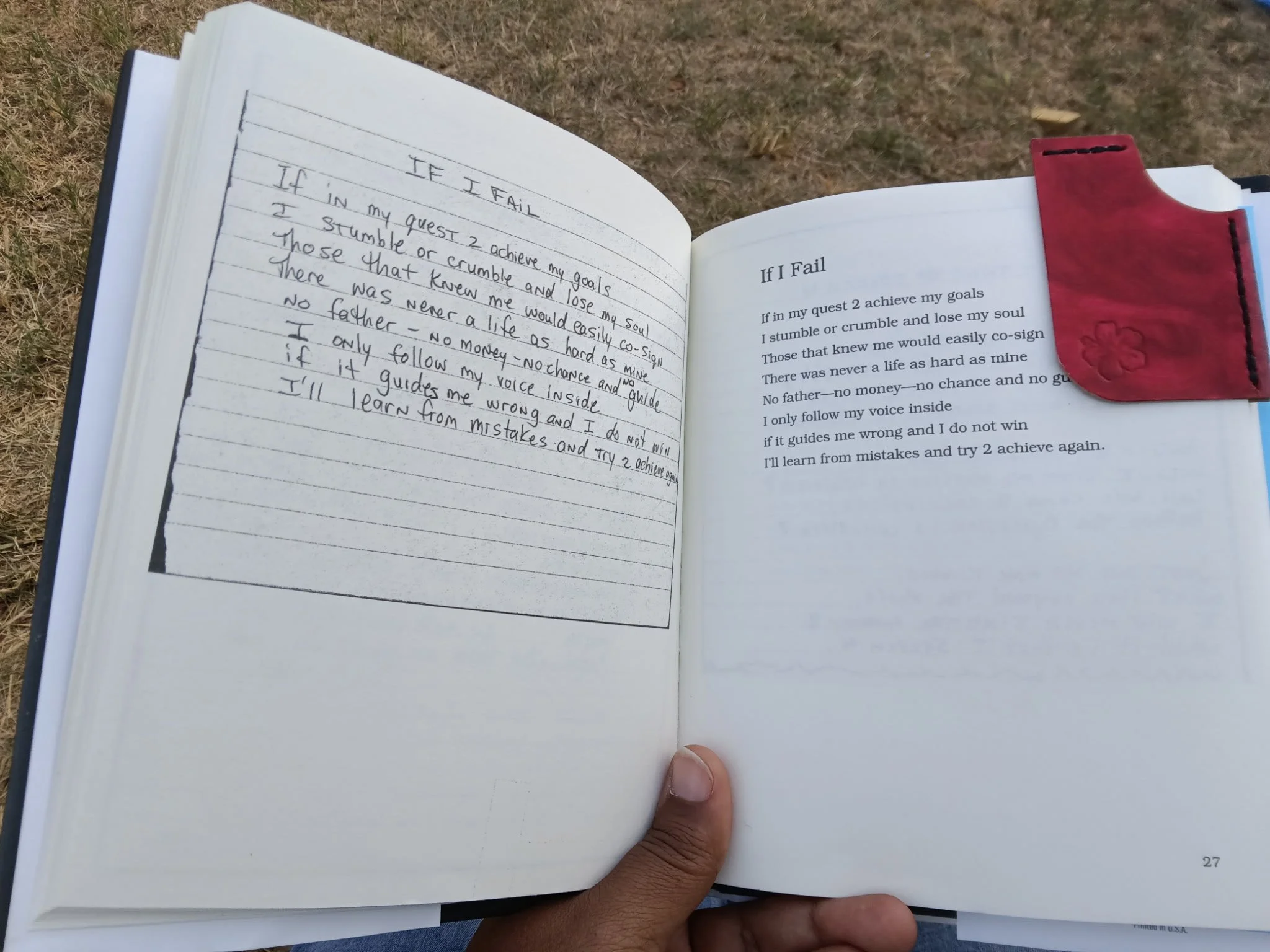 An open notebook held outdoors shows a handwritten reflection titled “If I Fail” beside a printed version of the same writing, with a red Kupu handcrafted leather bookmark marking the page.