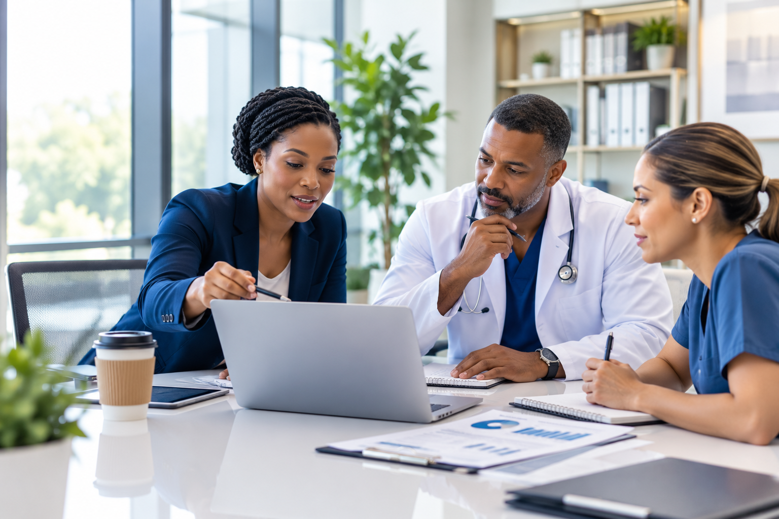 Three medical professionals, two women and one man, are gathered around a laptop in a bright office, discussing medical information.
