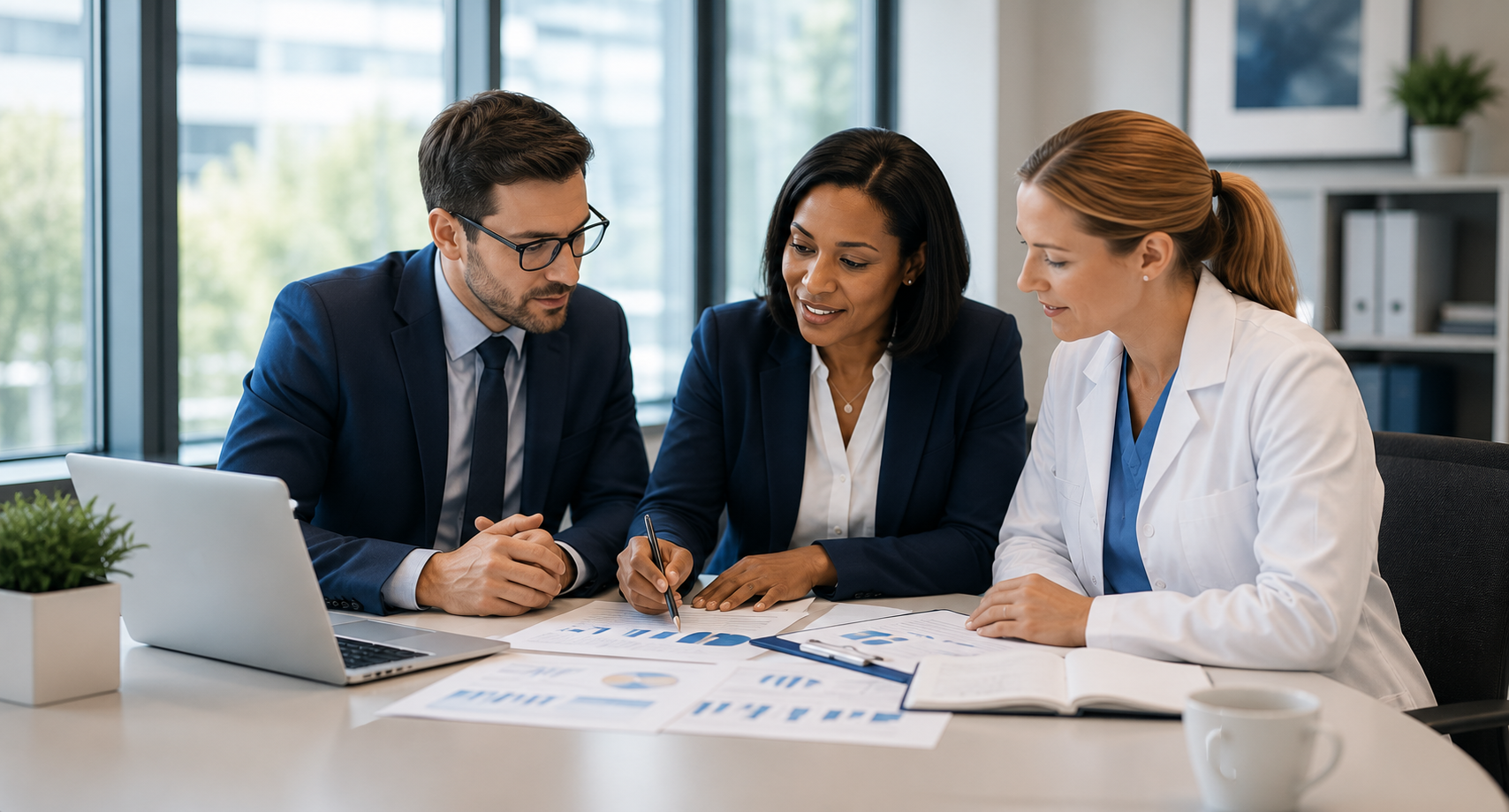Three professionals, two women and one man, sitting at a table in a bright office discussing documents with charts and graphs, one woman wearing a white lab coat, the others in dark suits.
