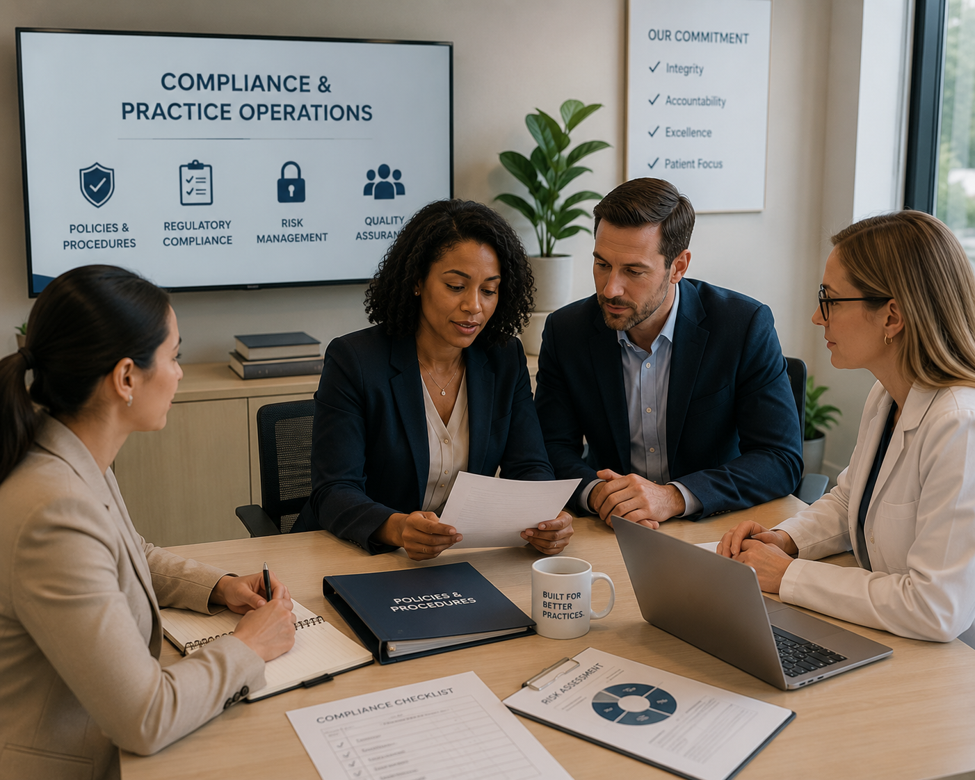 Four professionals, three women and one man, are having a discussion at a conference table during a meeting about compliance and practice operations. One woman is taking notes, and the others are reviewing documents. A large screen behind them displays information about policies, regulatory compliance, risk management, and quality assurance. Potted plants are on the side, and a coffee mug and a laptop are on the table.