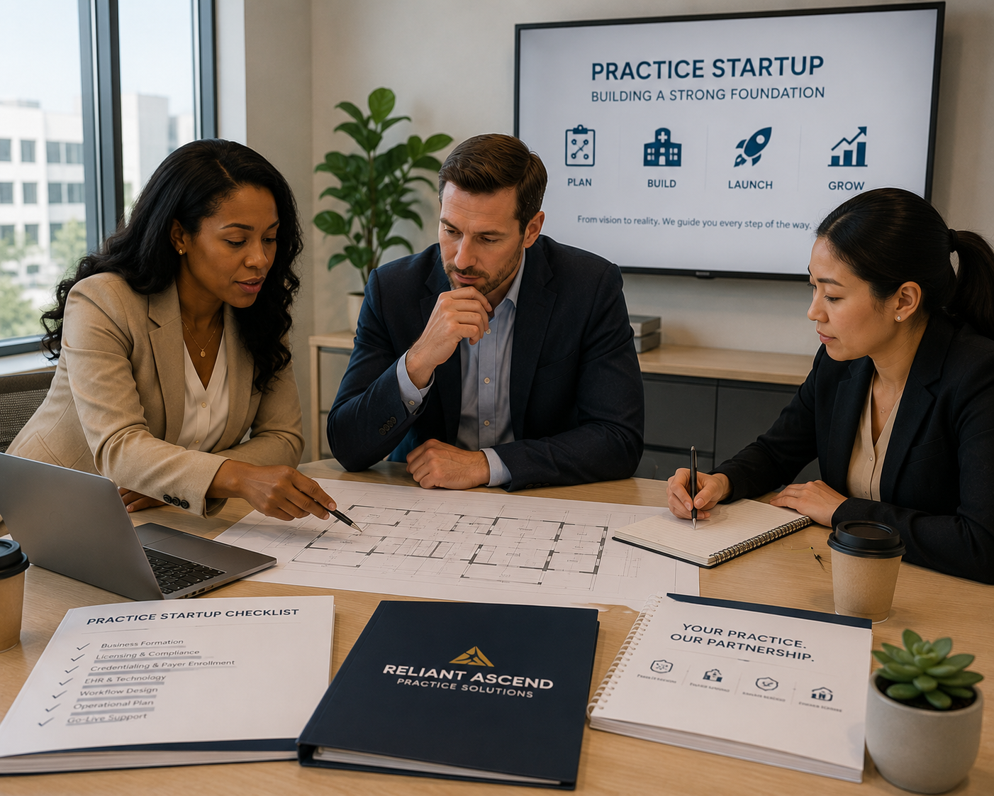Three professionals in business attire discussing a blueprint at a conference table in a modern office, with a presentation slide on the wall behind them titled 'Practice Startup'.