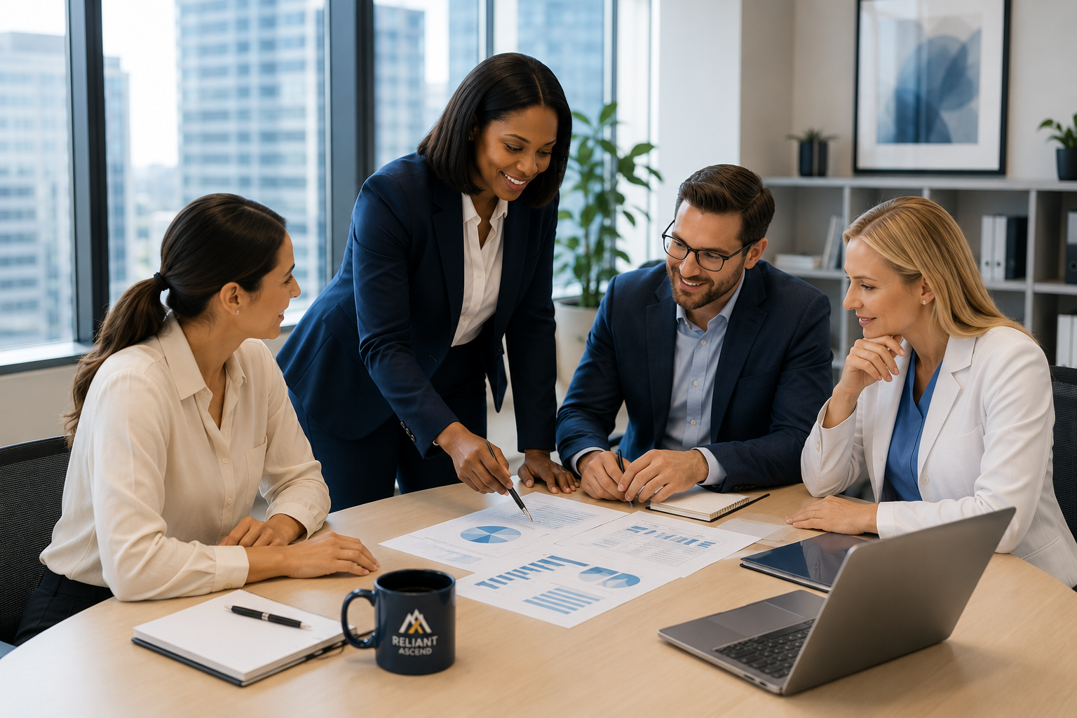 A diverse group of five business professionals in an office, engaged in a meeting around a table with charts and documents, with large windows and city buildings in the background.