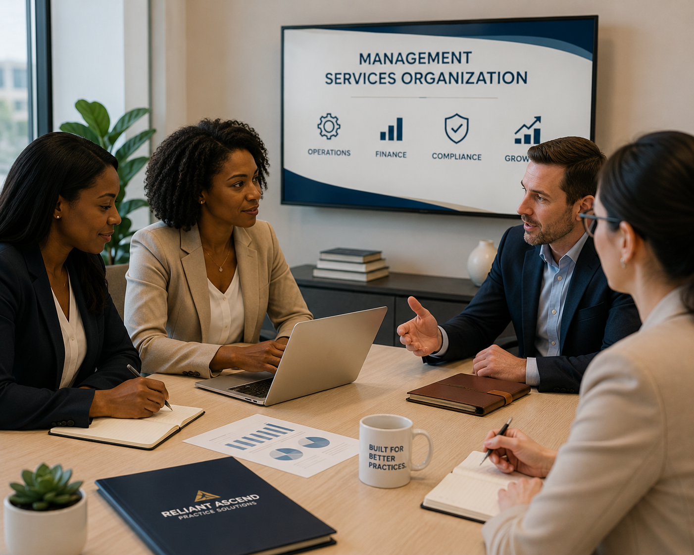 Business meeting with four professionals discussing at a wooden conference table, with a presentation screen displaying 'Management Services Organization' topics in the background.