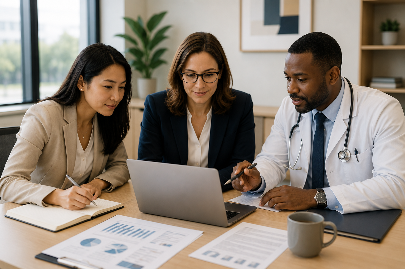 Three professionals, including a doctor, are sitting at a table reviewing information on a laptop and documents, with a large window and plants in the background.