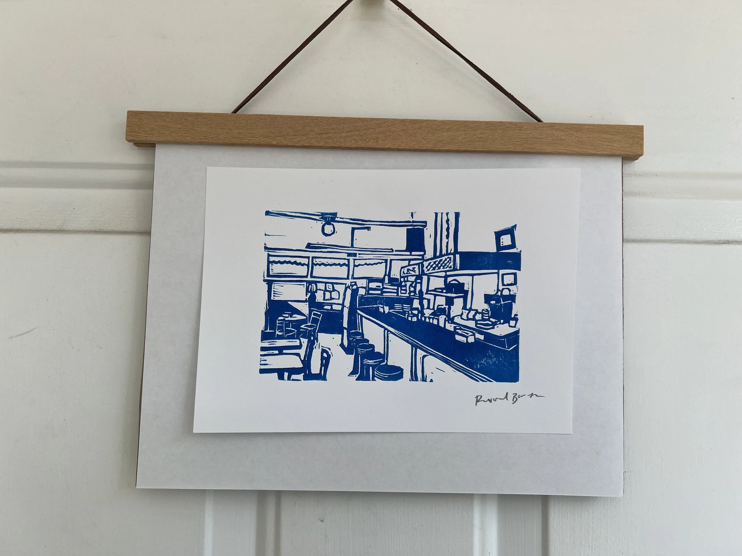 view of the bar  linocut