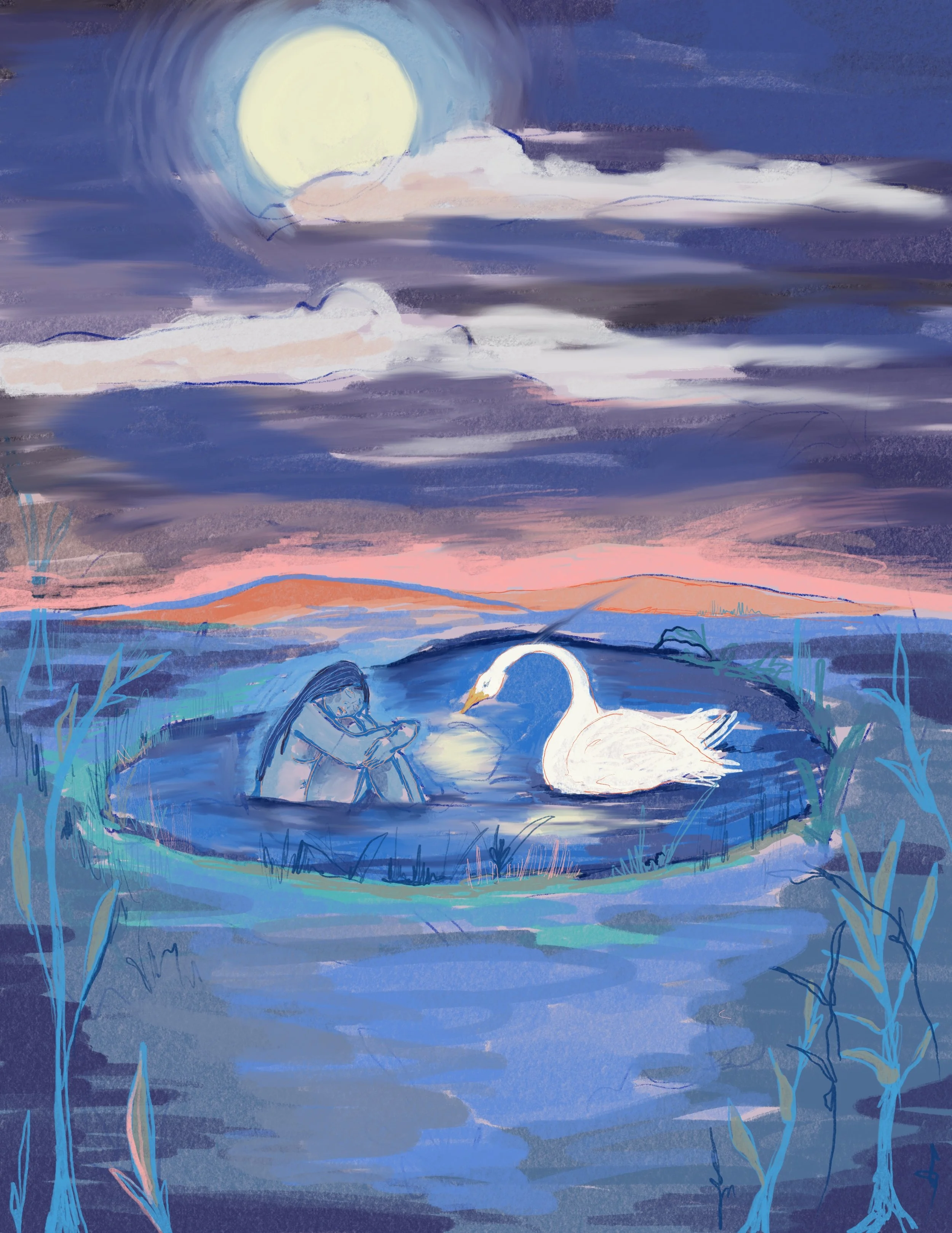 woman and swan digital print