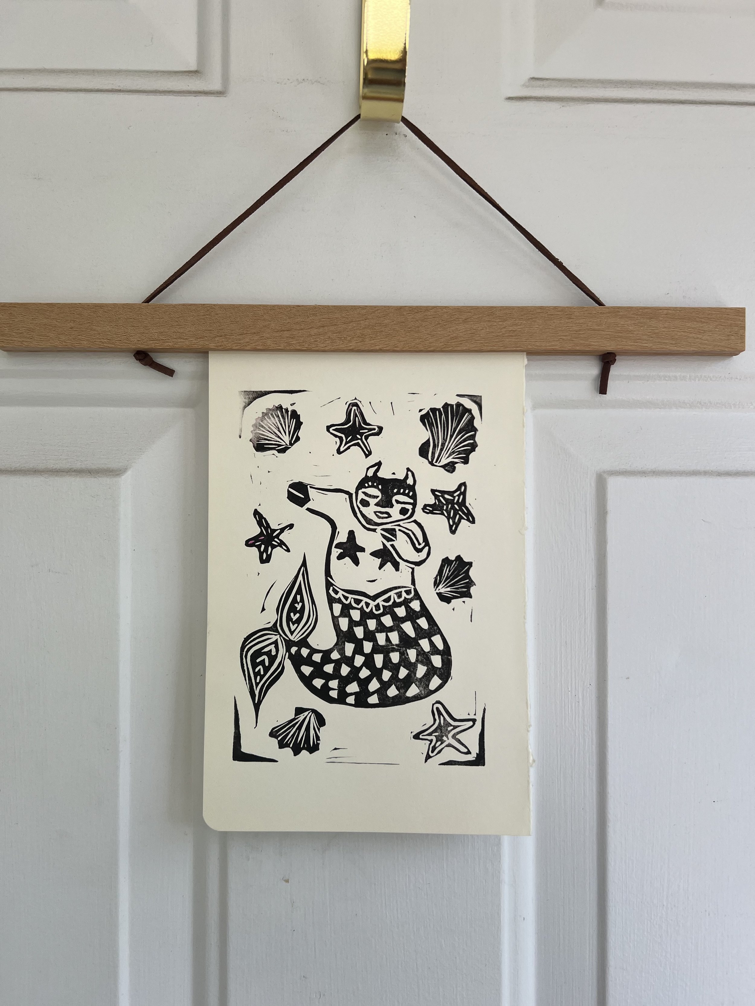 mermaid linocut