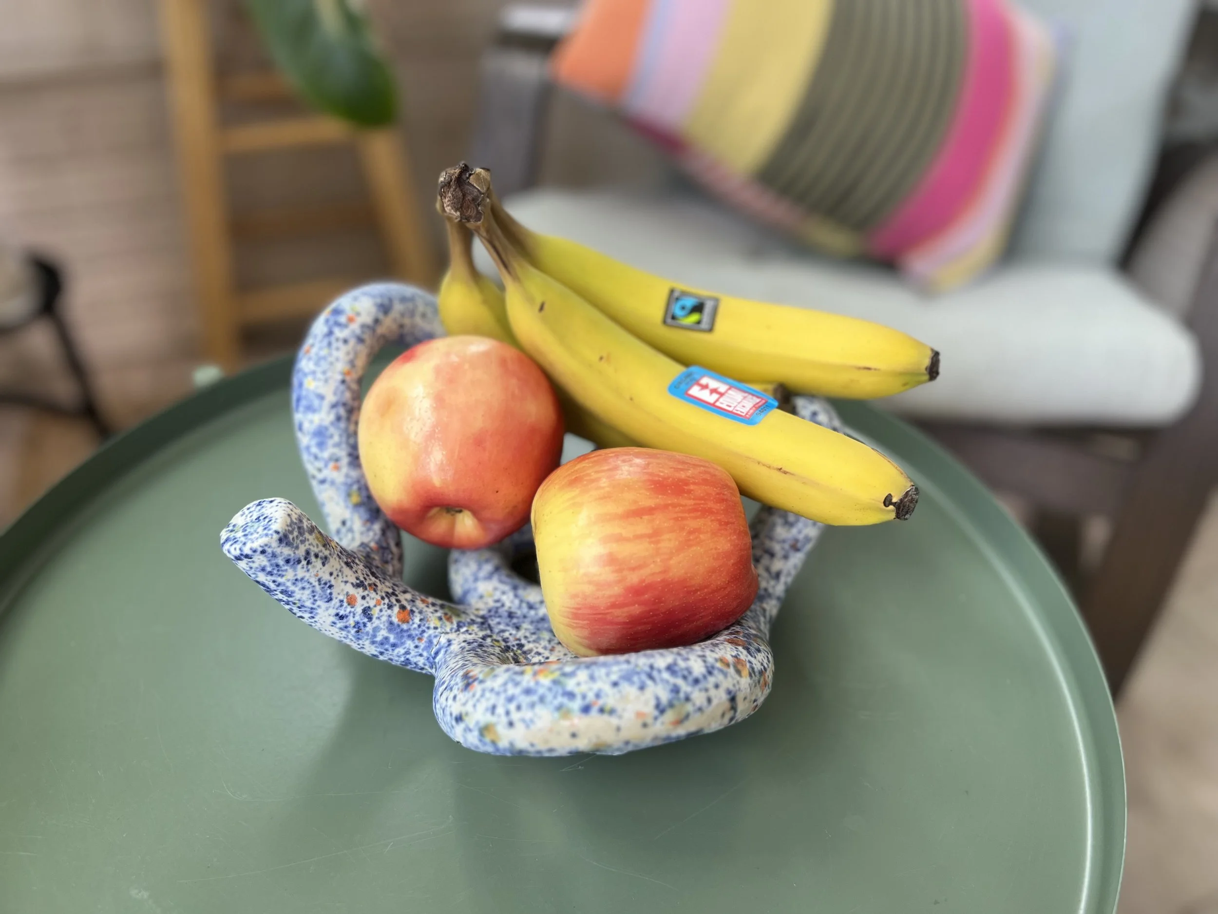 funky blue speckled fruit bowl