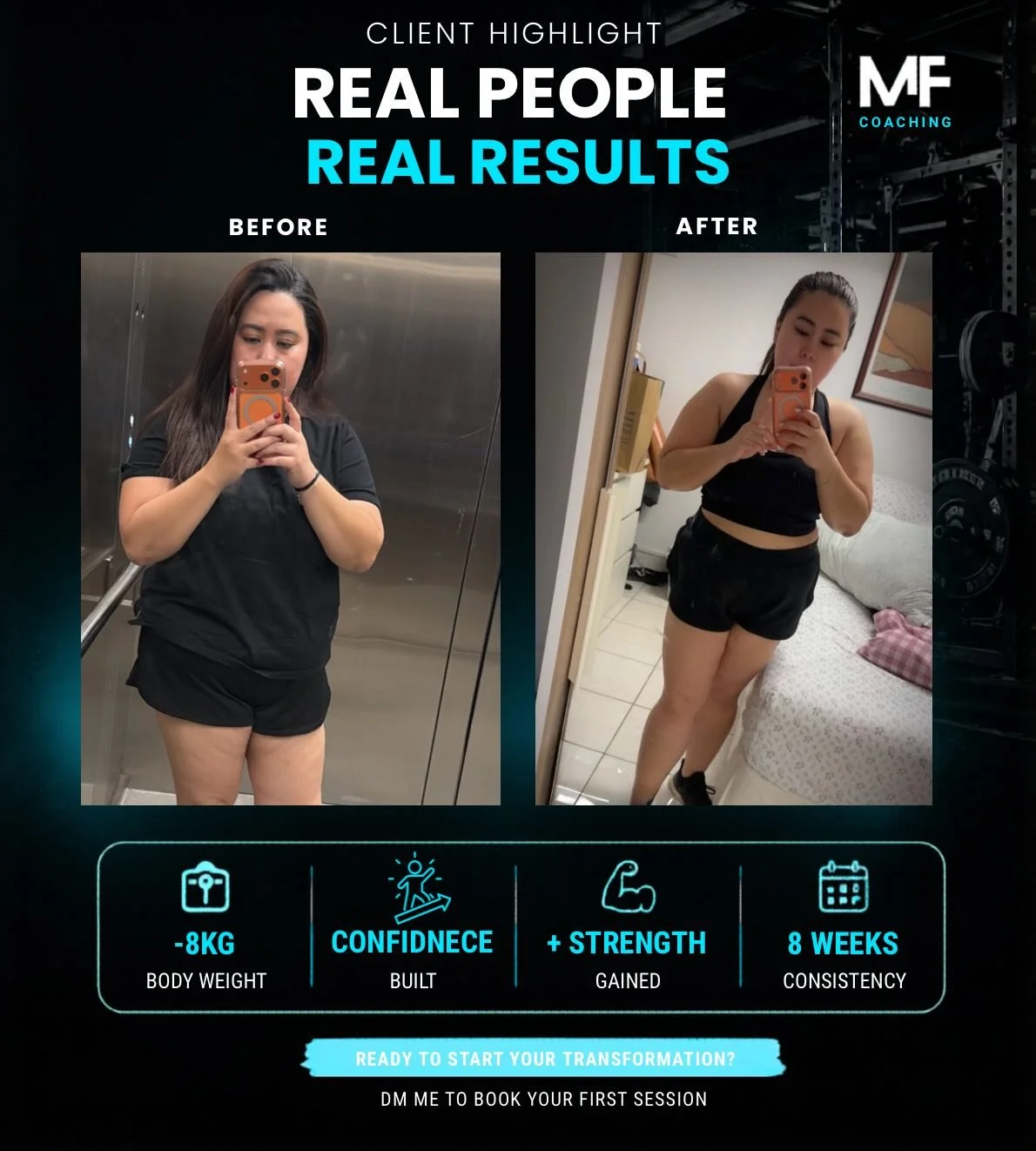Client Highlight!

This is Pau, we have been training for 8 weeks now and she has made an incredible change in such a short period of time loosing 8kg in just 8 weeks! She reached out to me over Instagram looking to get in shape, we talk and figured 