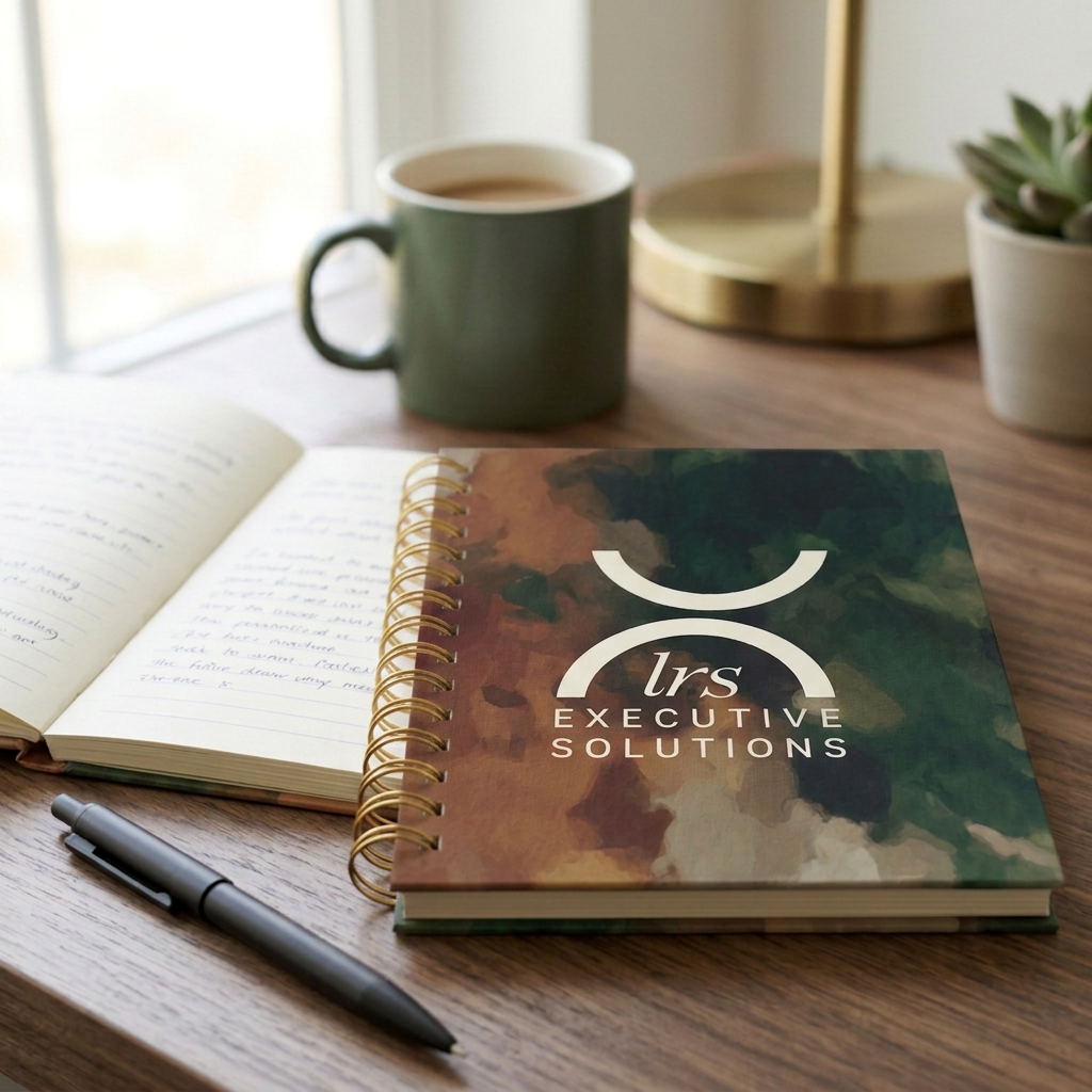 Contact Lisa Sanders at LRS Executive Solutions. A wooden desk with an open notebook, a closed planner titled 'LRS Executive Solutions', a black pen, a cup of coffee, a potted succulent plant, and a gold-colored lamp near a window.
