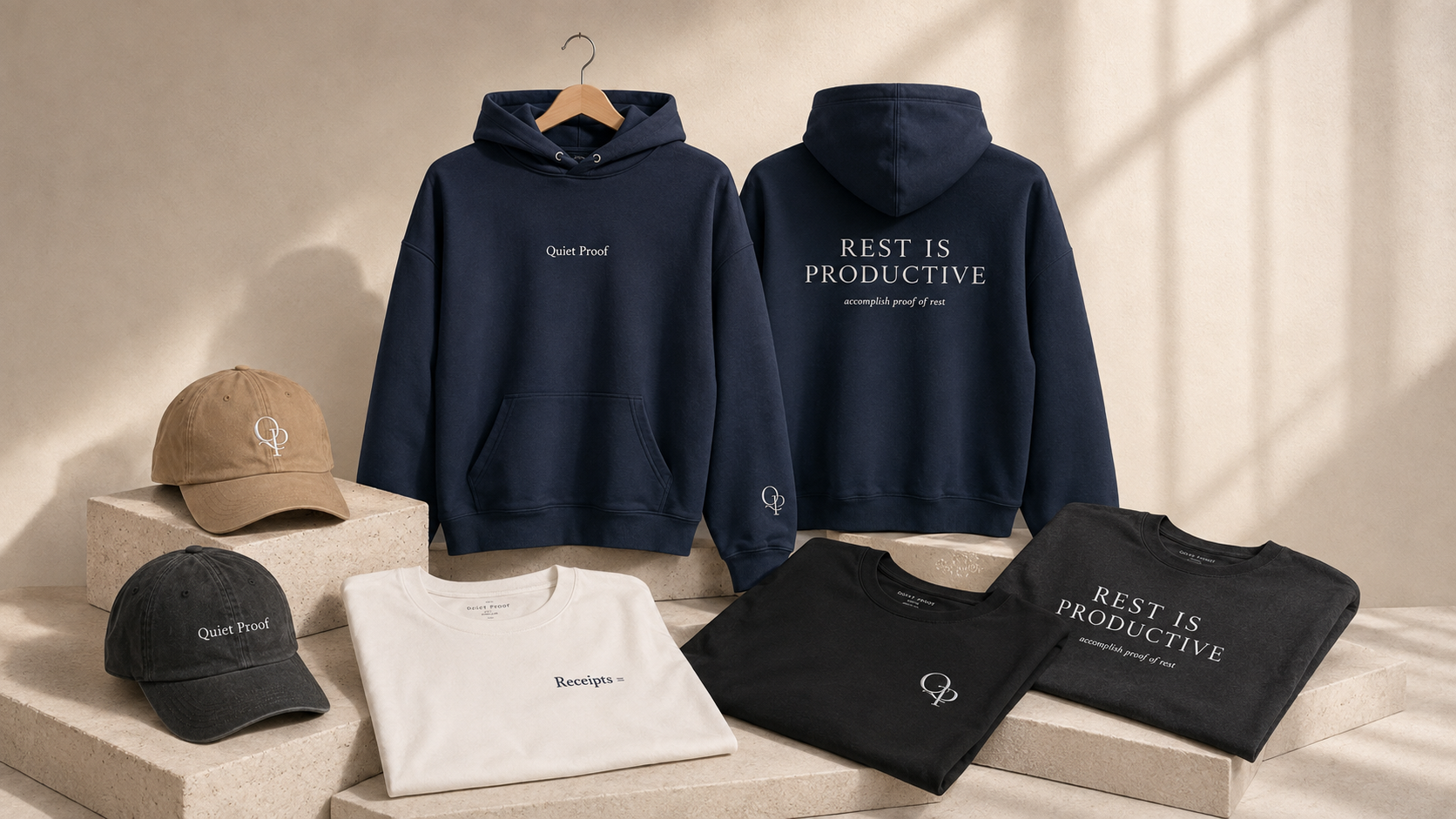 Display of casual apparel including two hoodies, two T-shirts, and two caps