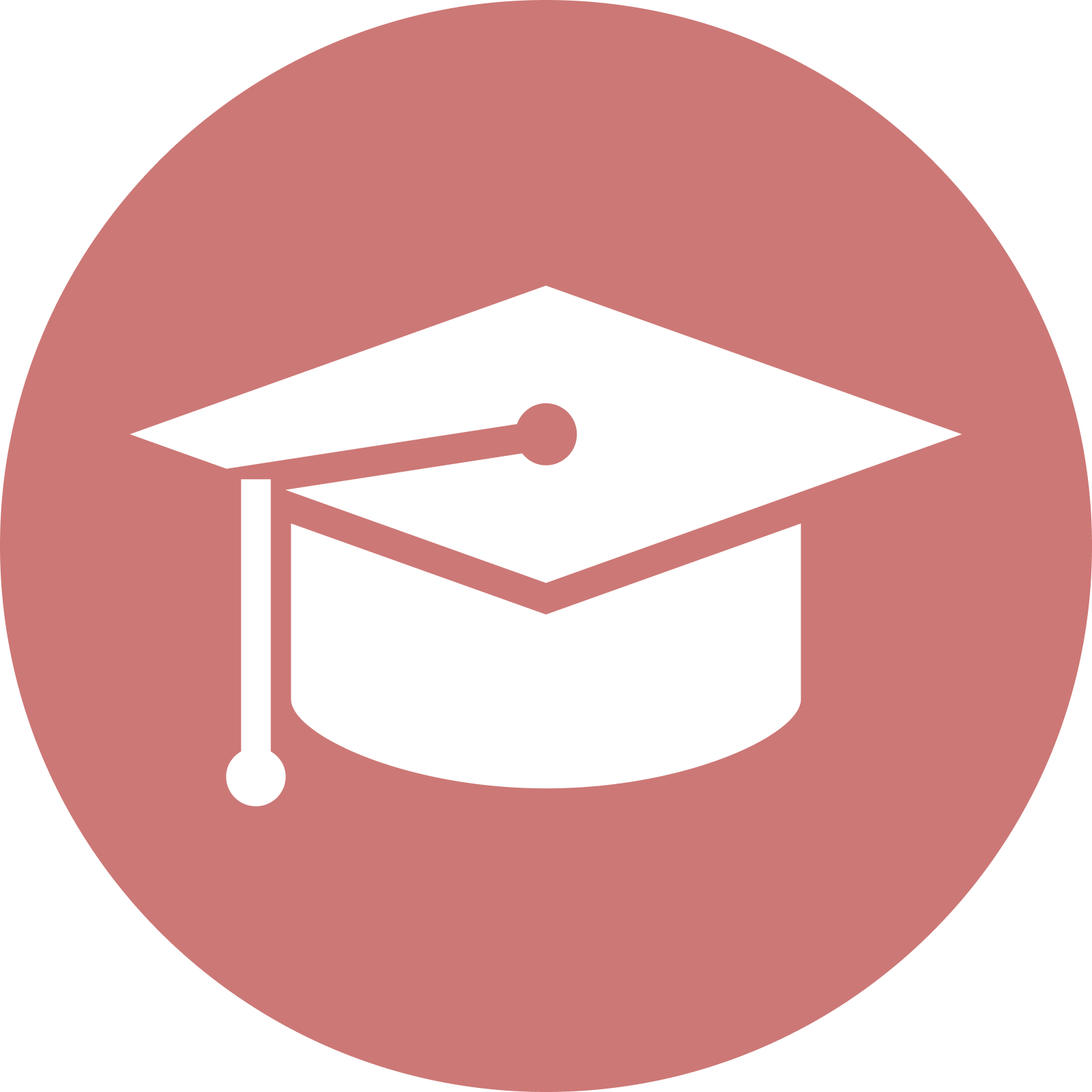 Icon of a white graduation cap on a pinkish-red circular background.