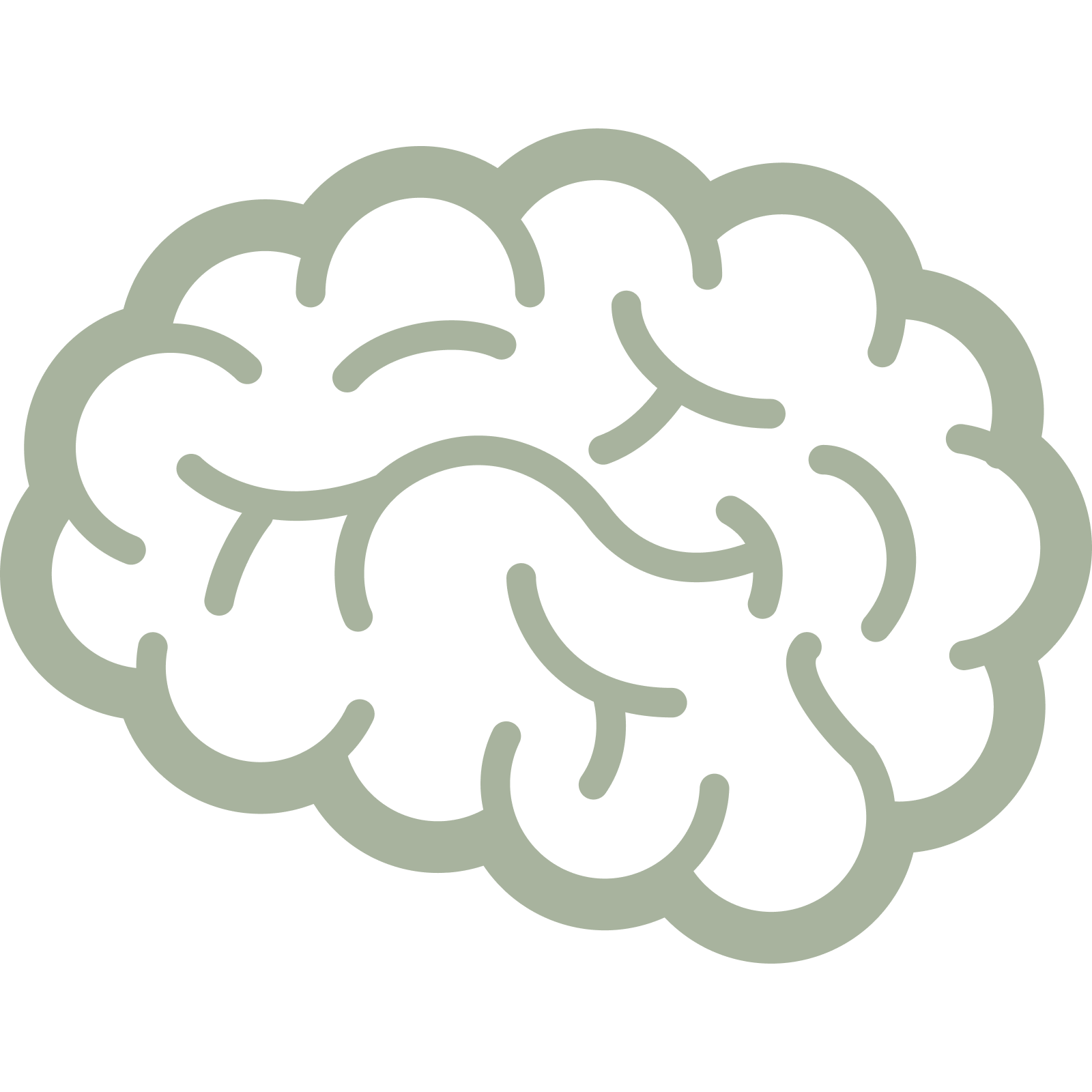 Outline illustration of a human brain in gray on a black background.