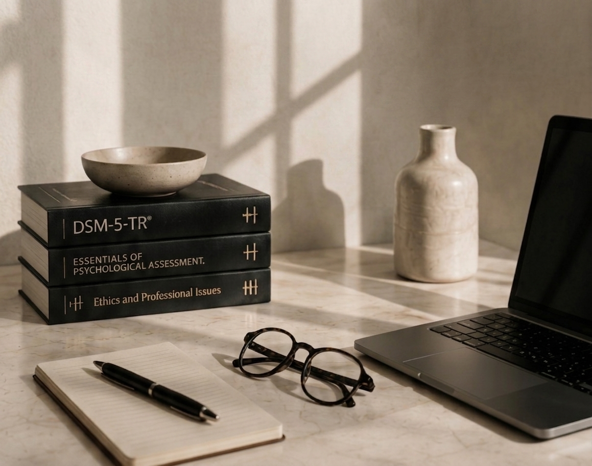 A desk with a stack of three psychology books, a bowl, a vase, a pair of glasses.