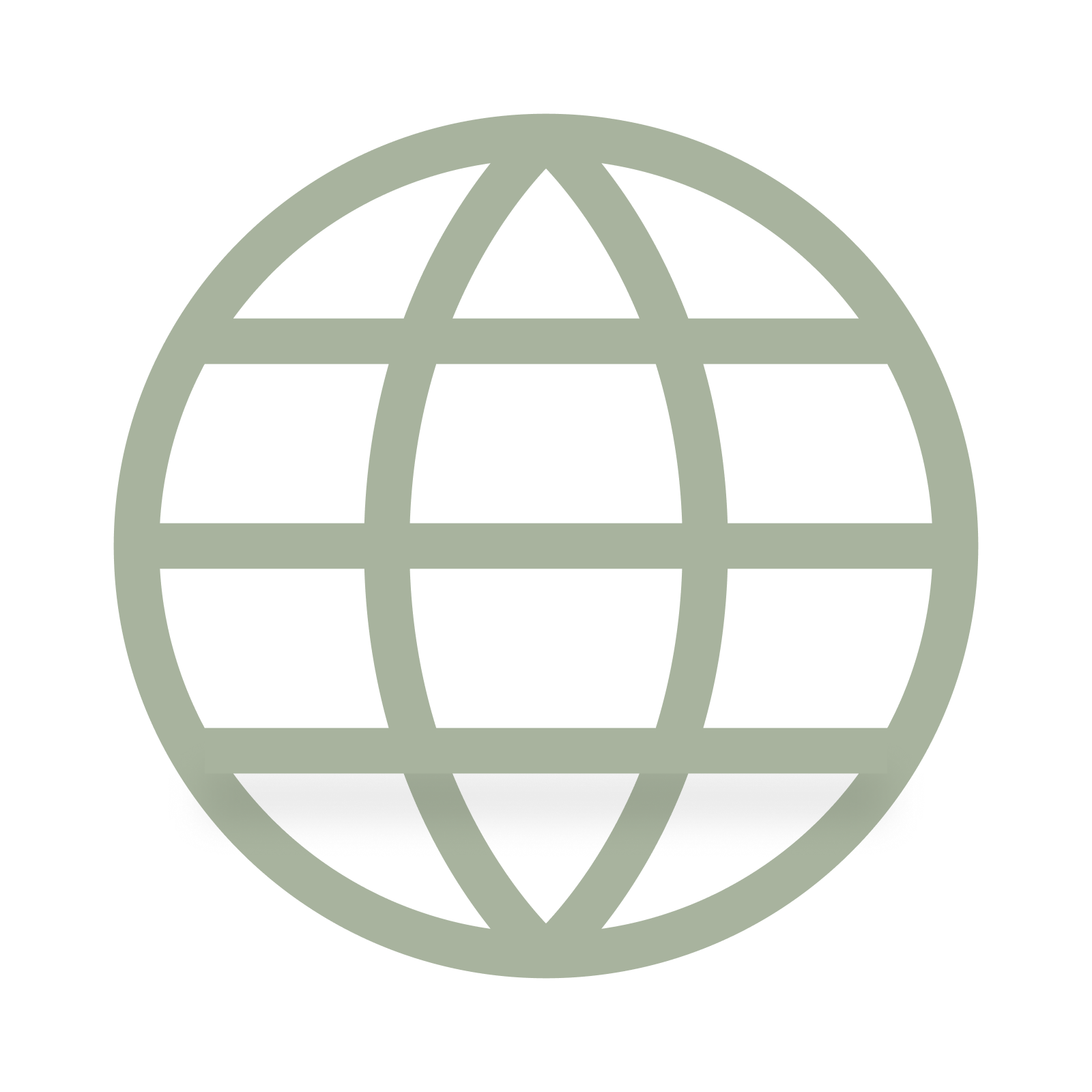 A stylized globe icon with a grid pattern, outlined in muted green.