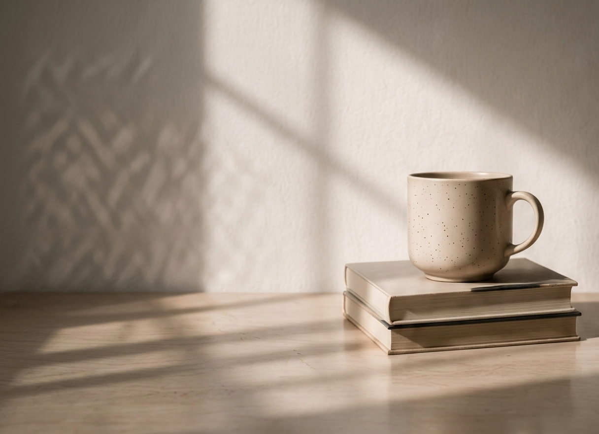 A ceramic mug on top of two books on a light wooden surface