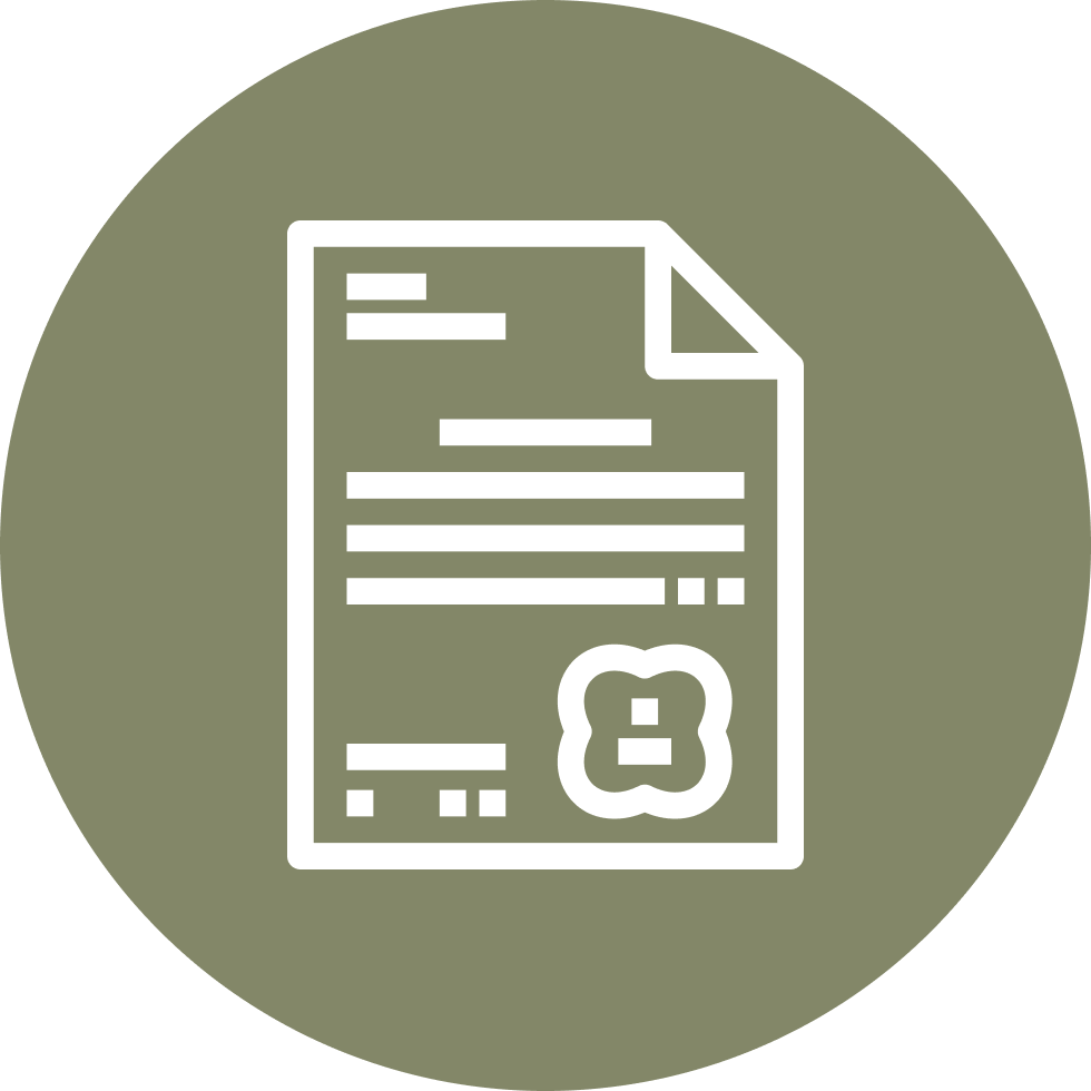 Icon of a document or report with lines of text and a badge or emblem at the bottom, outlined in white on a green circular background.