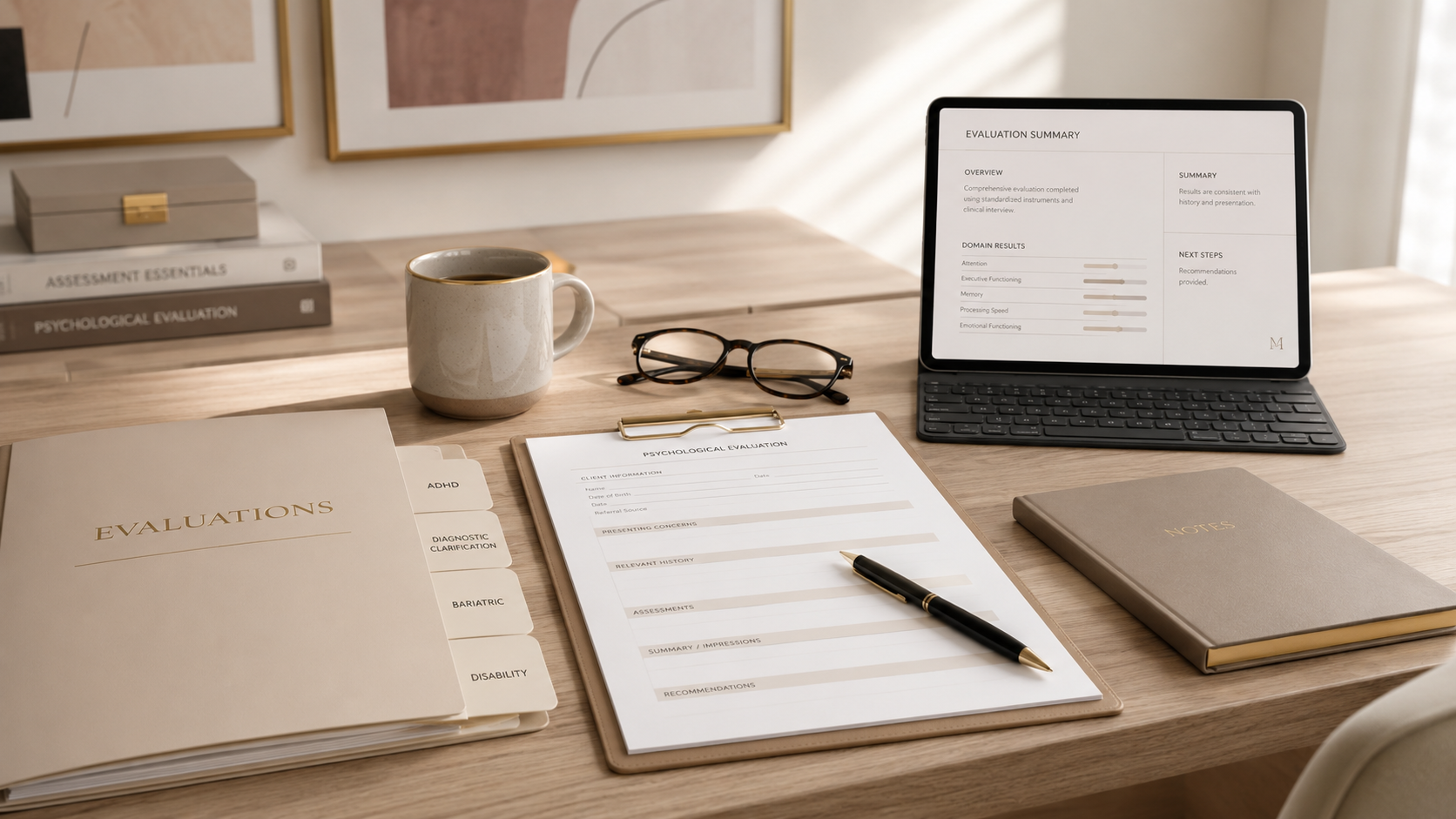 Organized desk with evaluation documents, a notebook, glasses, a pen, a coffee mug