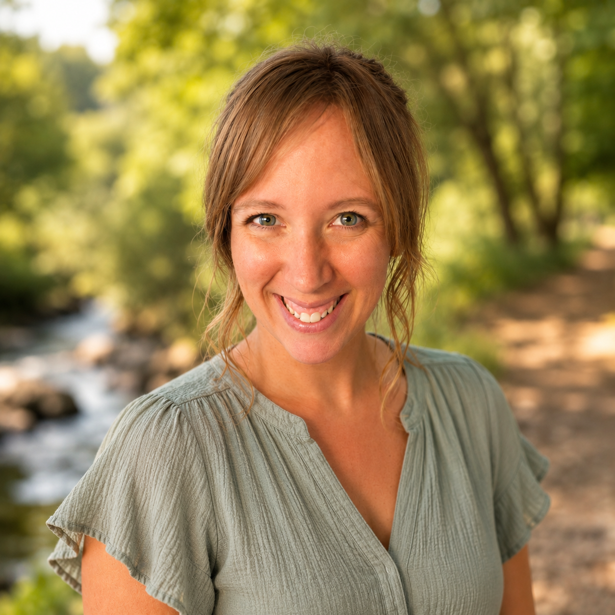 Close-up of a smiling woman with blonde hair, wearing a light green blouse, outdoors in a wooded area with a river in the background.