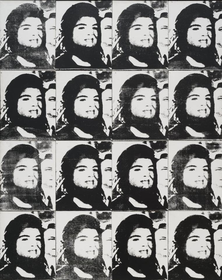 Andy Warhol's historic 16 Jackies painting featuring a grid of 16 black and white paintings of a mourning Jacqueline Kennedy Onassis.