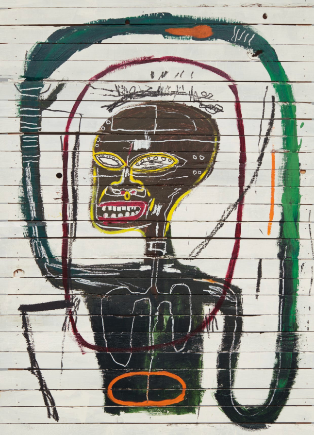 Jean-Michel Basquiat's iconic Flexible painting of a Griot or shaman with a large head, outlined in yellow, inside a red-bordered shape, on white painted wooden slat support.