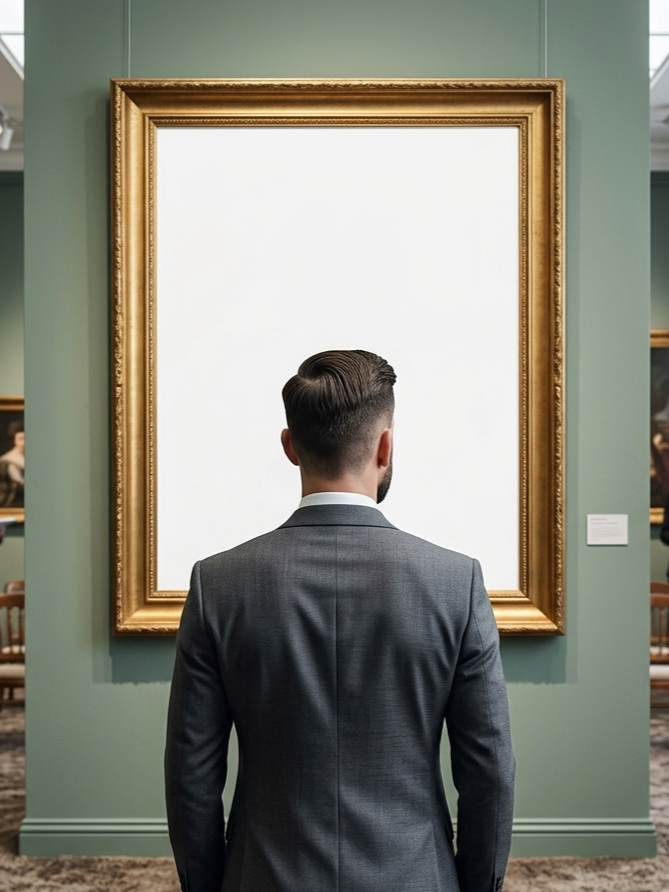 A man in a gray suit with styled hair is viewing a minimalist white painting in an art gallery.