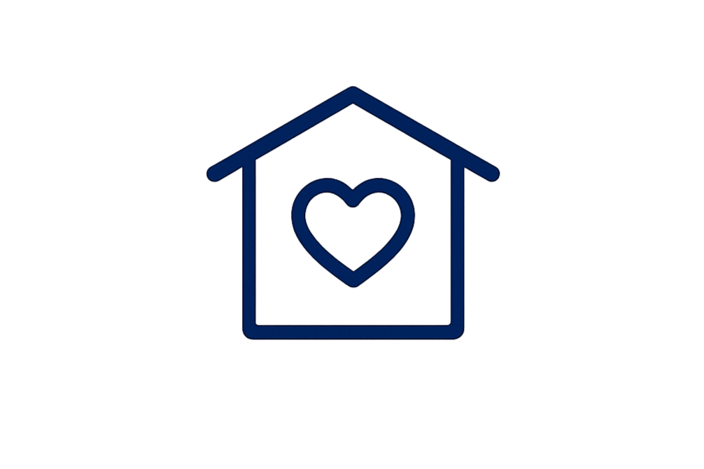 Outline of a house with a heart inside it, in a dark blue color.