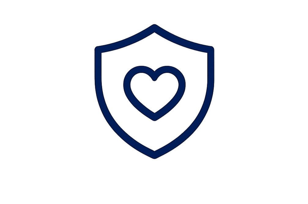 A blue shield icon with a heart inside it.