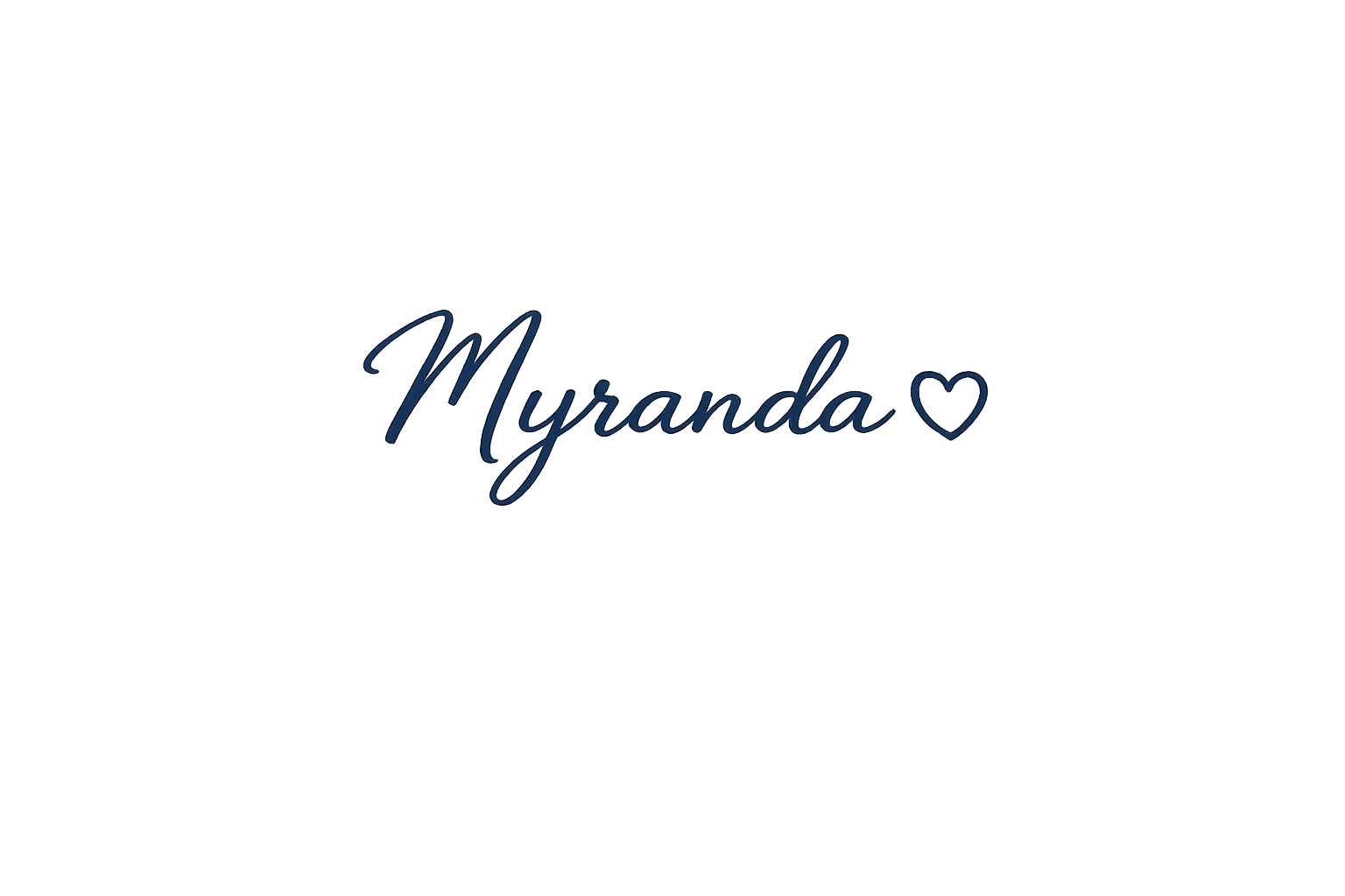 A black background with the name 'Myranda' written in elegant dark blue cursive font, accompanied by a small heart symbol.