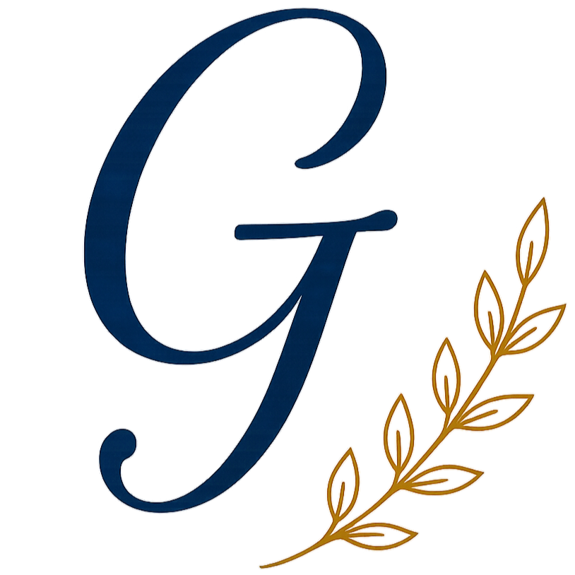A stylized letter 'J' with a blue glossy finish, accompanied by a gold and red leaf motif.