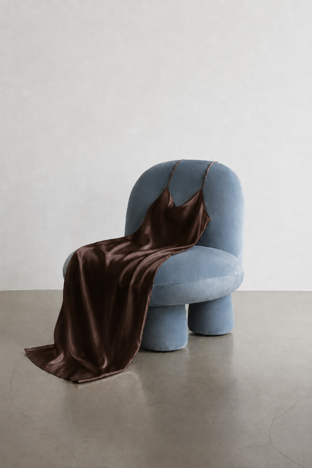A blue, modern, plush chair with rounded edges and short, thick legs, draped with a shiny brown silk slip dress.