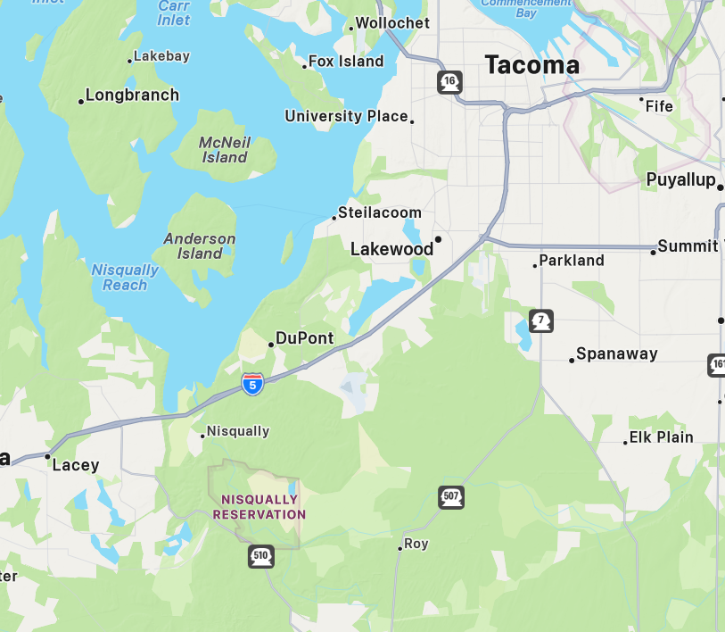 Map from Apple Maps that shows Tacoma, Lakewood, Joint Base Lewis McChord, Dupont, Spanaway, and Olympia