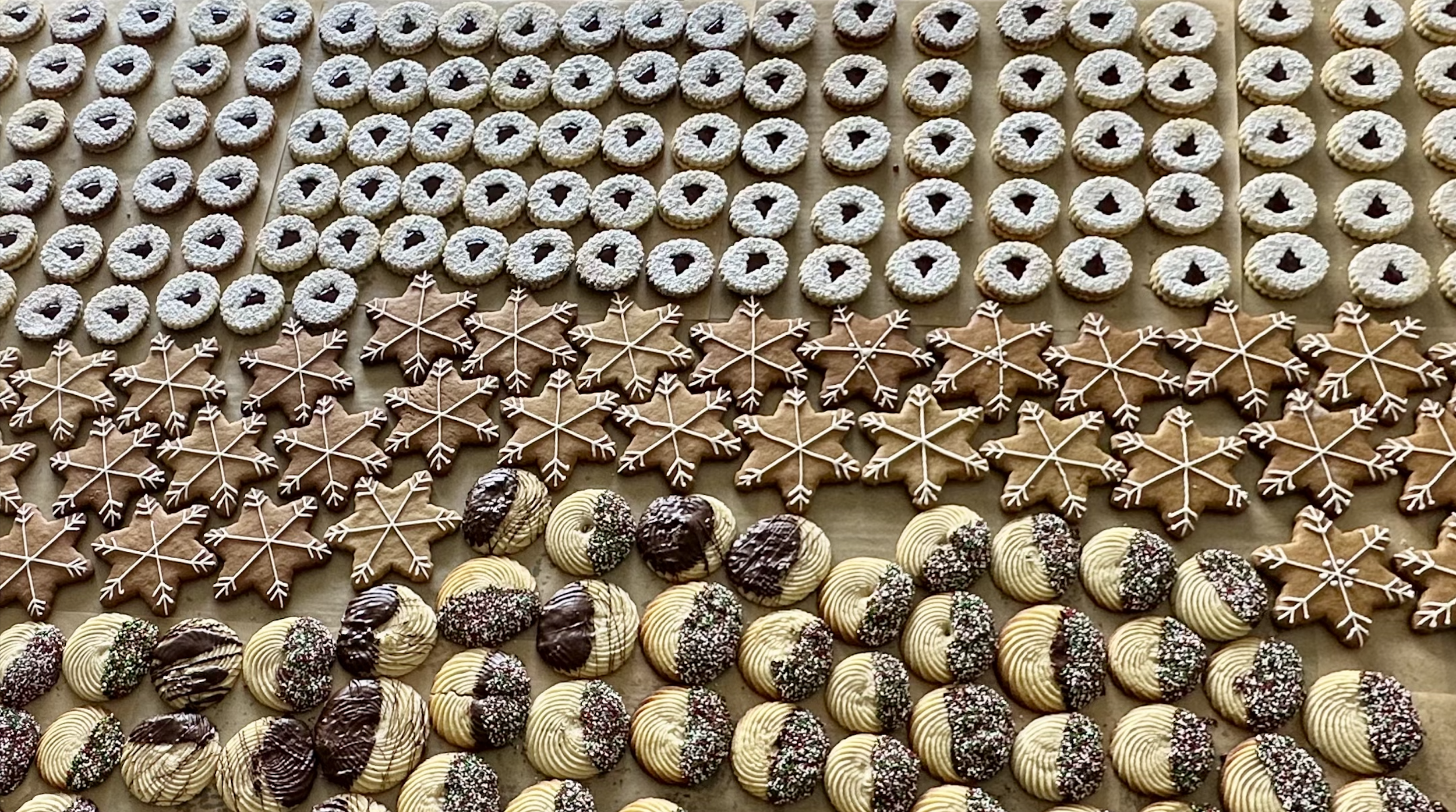 Assorted decorated cookies arranged in rows, including snowflake shaped cookies with white icing and intricate designs, round cookies with powdered sugar, and other festive confections decorated with chocolate and sprinkles.