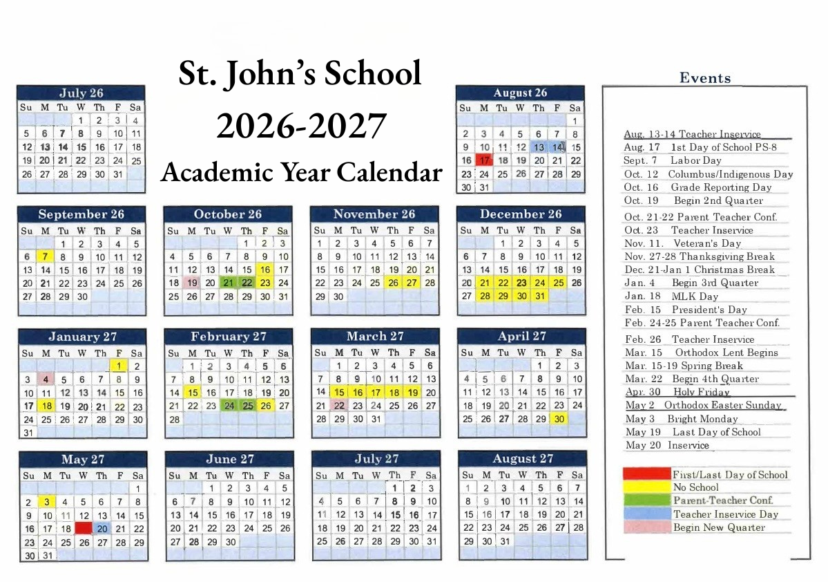 Academic year calendar for St. John's School for 2026-2027, showing months from July 2026 to August 2027 with color-coded key for school events, teacher inservices, holidays, and quarters.