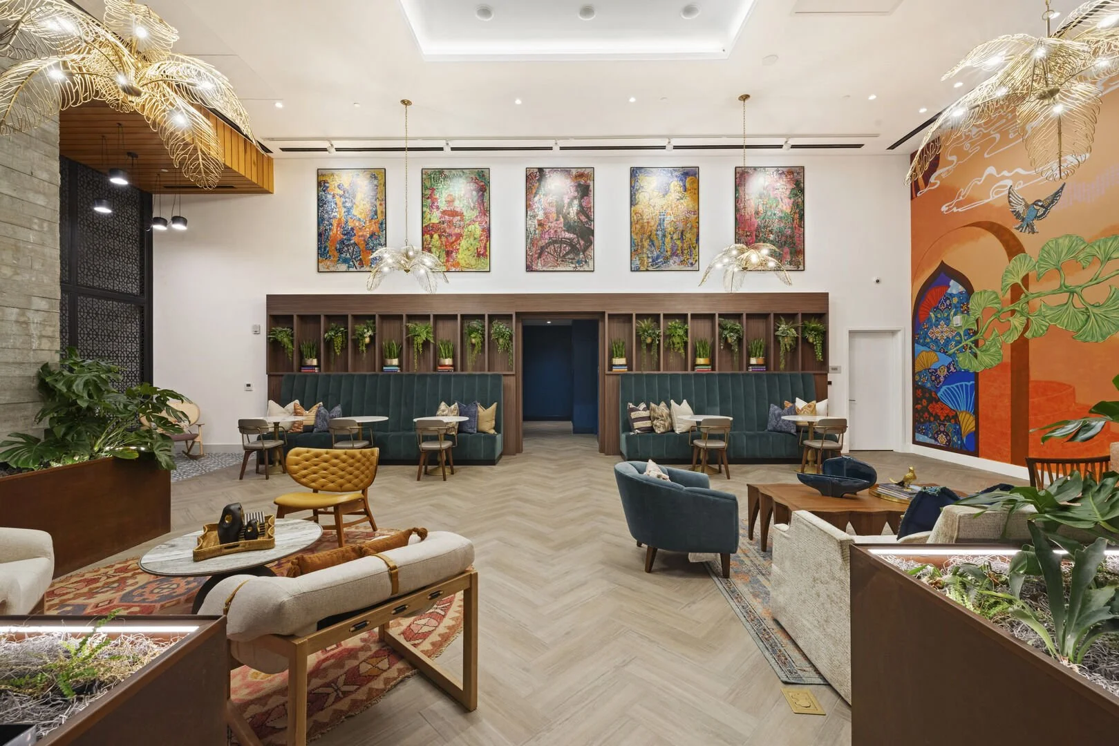 Lobby with screen and planters