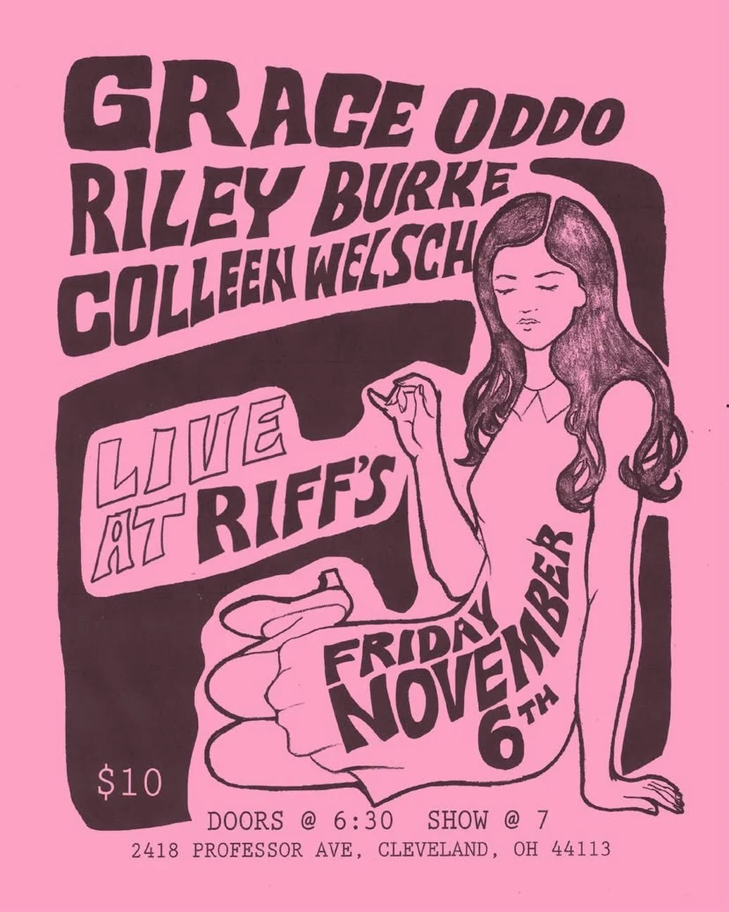 🩷 ⋆˙⟡ GRACE ODDO, COLLEEN WELSCH &amp; RILEY BURKE AT RIFF'S ⋆˙⟡🩷 

Come on out to @riffs.216 on November 6th for a stripped down, women led show! It's gonna be a night of good music, good talent, and good people. I hope to see you all there!

THAN