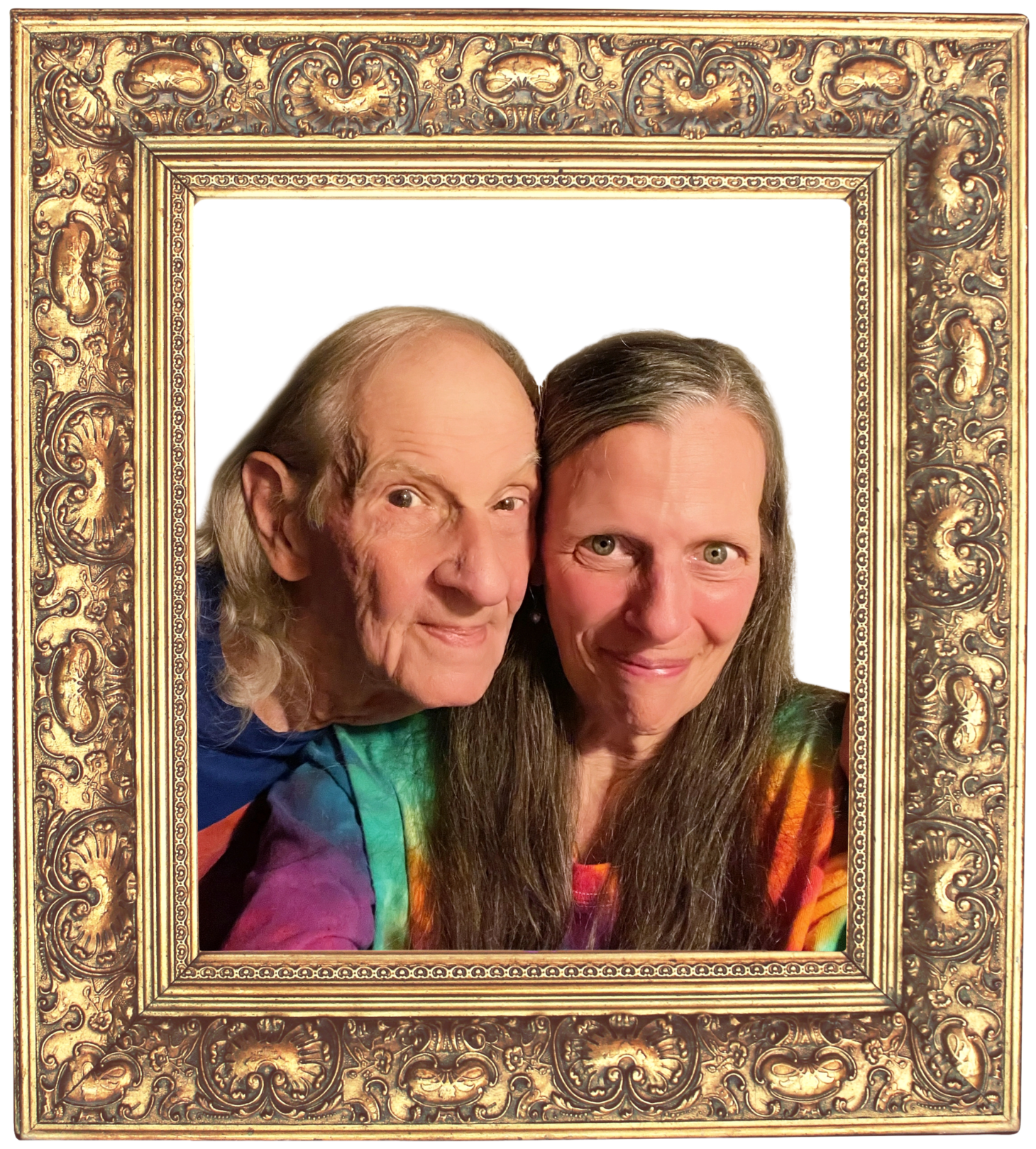 Portrait of a man and woman inside a decorative gold picture frame with a colorful tie-dye shirt and a rainbow tie-dye shirt.