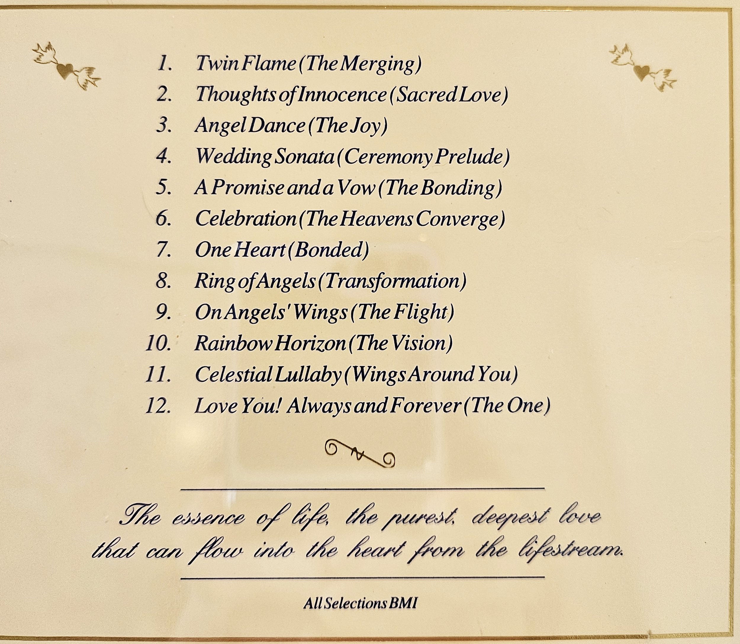 A list of song titles and their descriptive themes, decorated with two small, gold-colored dove illustrations with hearts, located at the top left and right corners.