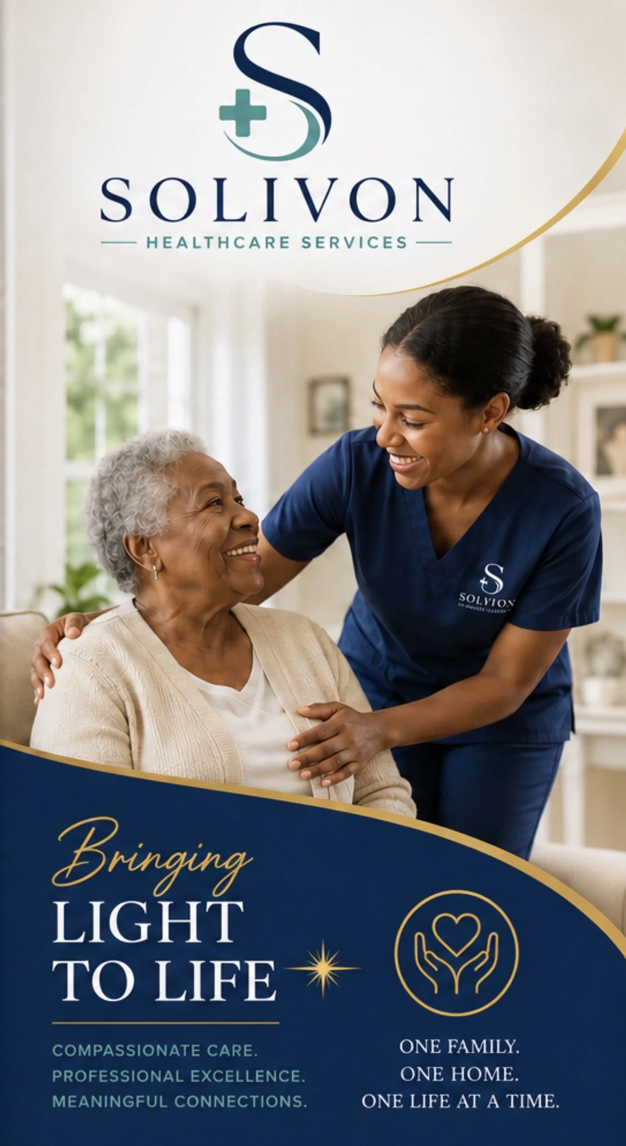 Brochure cover for Solivon Healthcare Services featuring a smiling nurse with an elderly woman, with the slogan 'Bringing Light to Life,' emphasizing compassionate care, professional excellence, and meaningful connections.