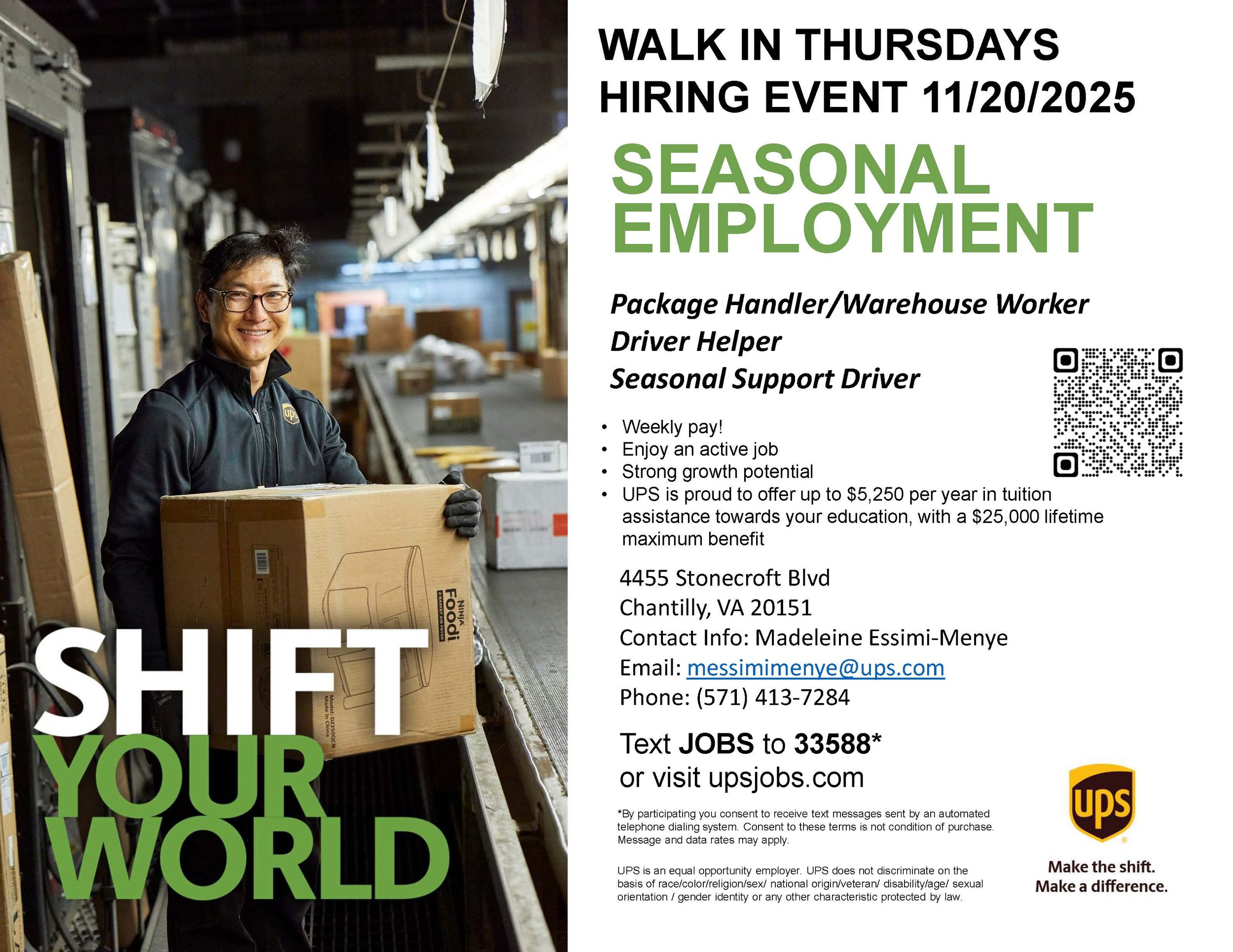 UPS hiring event 11/20/2025 for seasonal employment, text JOBS to 33588