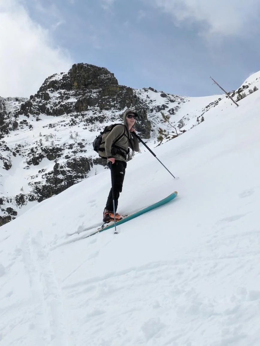 Bowen ascending the East facing bowls just North of the summit. 