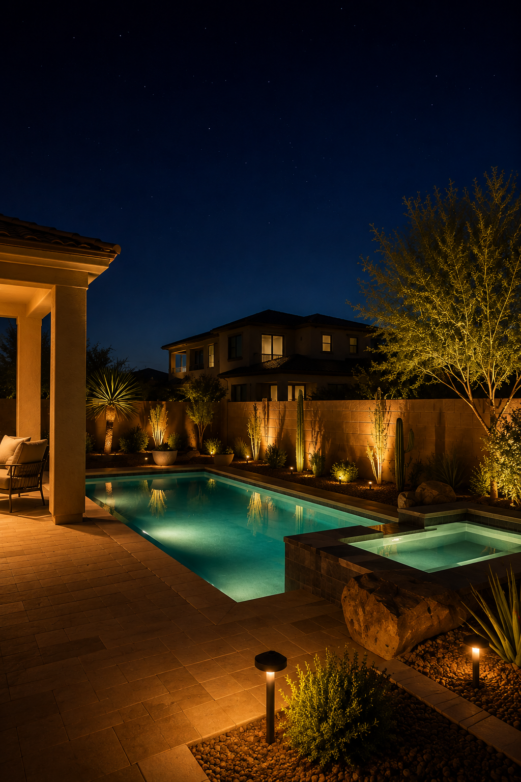 Night view of a backyard with a lit swimming pool, hot tub, outdoor seating, illuminated trees, and a surrounding wall, under a starry sky.