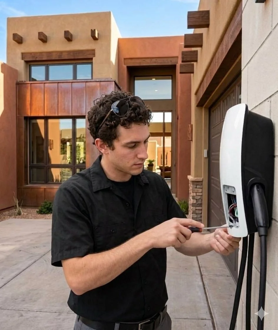 A young man with curly hair and sunglasses on his head is fixing an electric vehicle charging station mounted on an exterior wall of a house in a southwestern style architecture.
