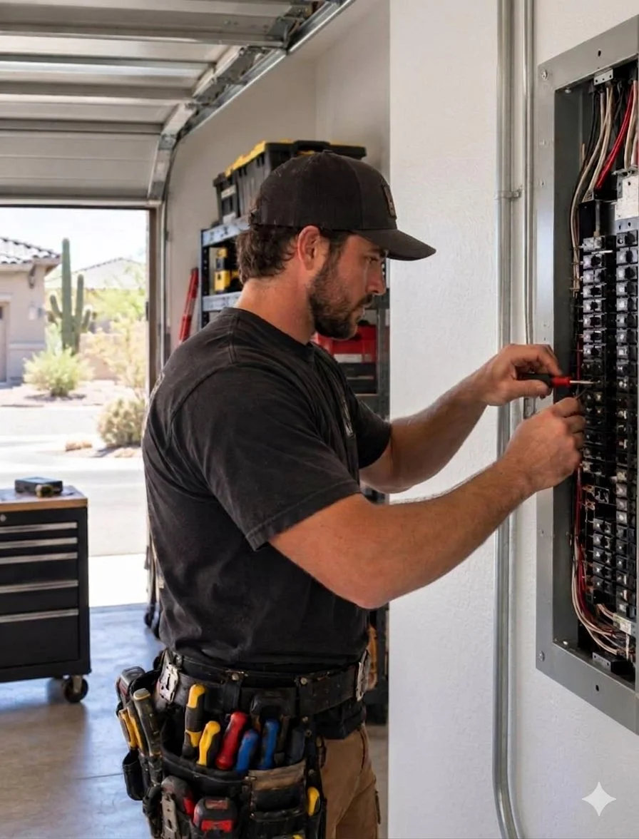 A man working on an electrical panel, wearing a tool belt with various tools, inside a garage with an open door and desert scenery outside.