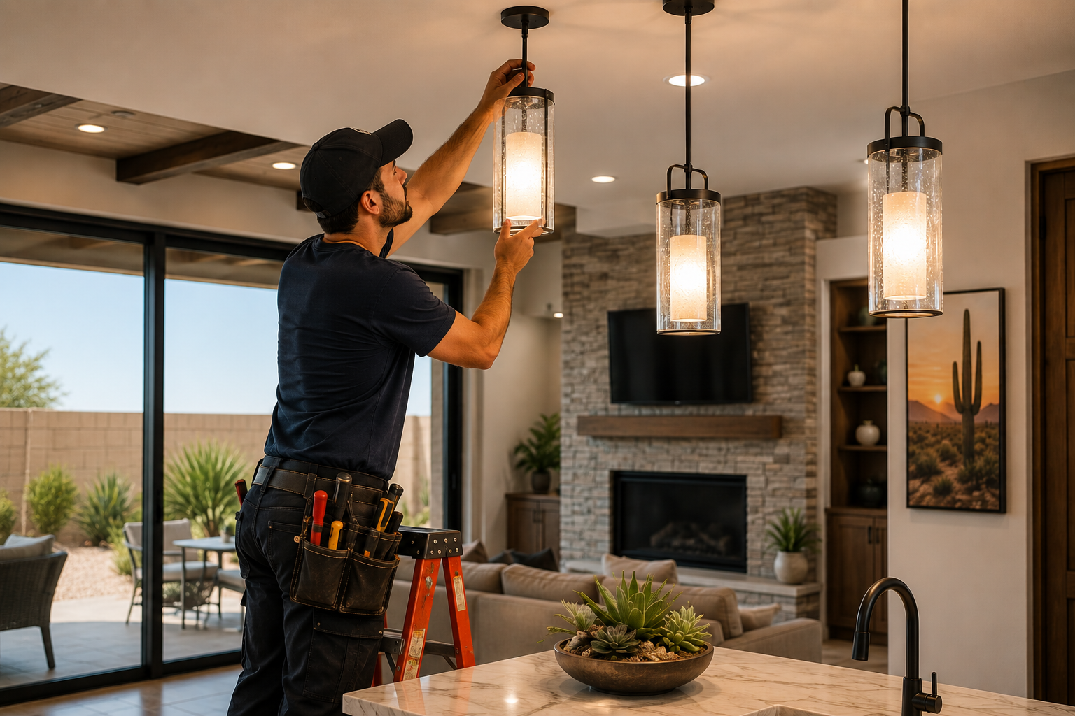 A man installing a pendant light fixture in a modern living room with a stone fireplace, a mounted TV, artwork, plants, and sliding glass doors leading outside.