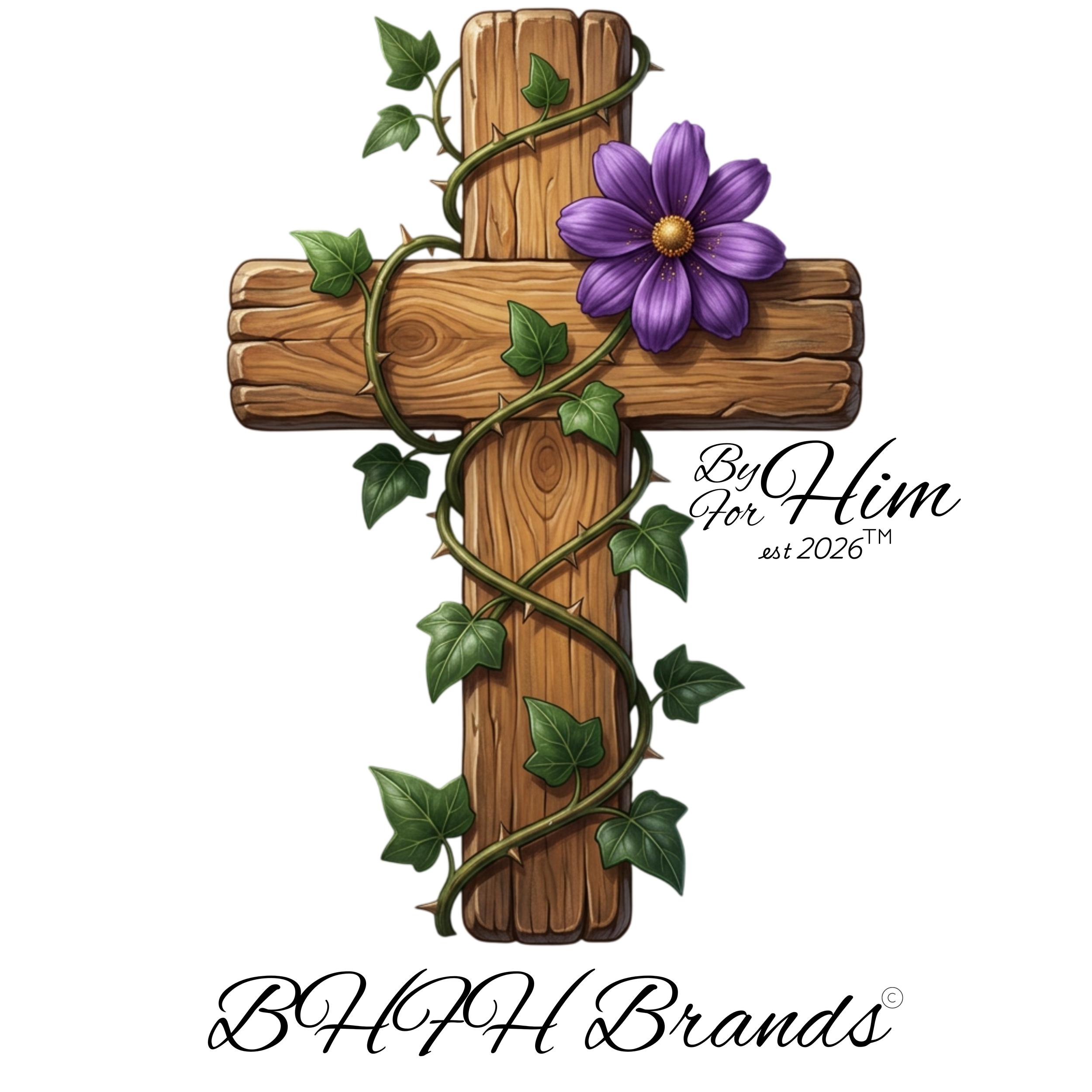 Faith, Hope, and Love based wooden signpost with green ivy and a large purple flower attached.